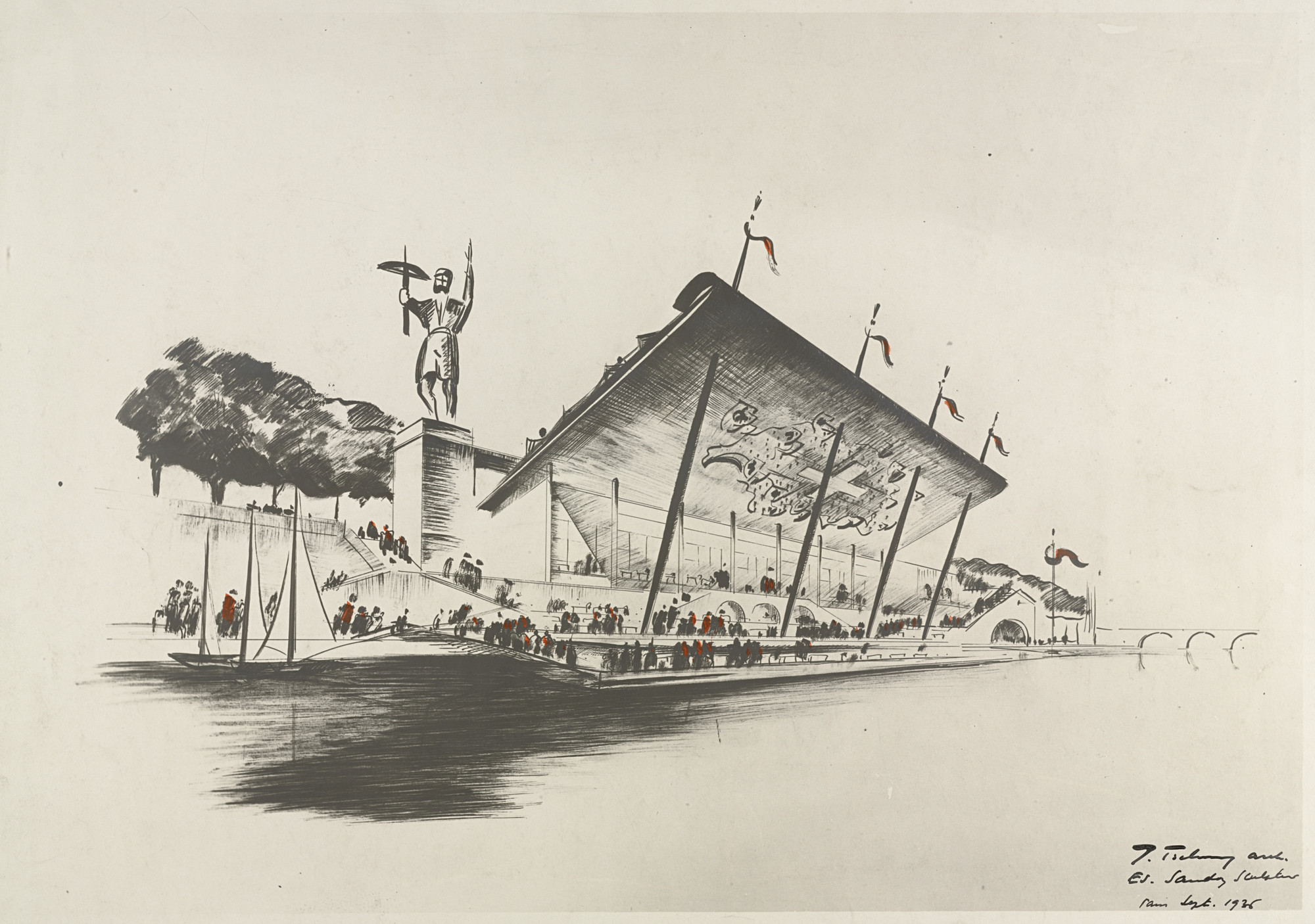 Jean Tschumi, Edouard-Marcel Sandoz. Swiss Pavilion, Paris World&#39;s Fair Project, Exterior perspective. 1937
