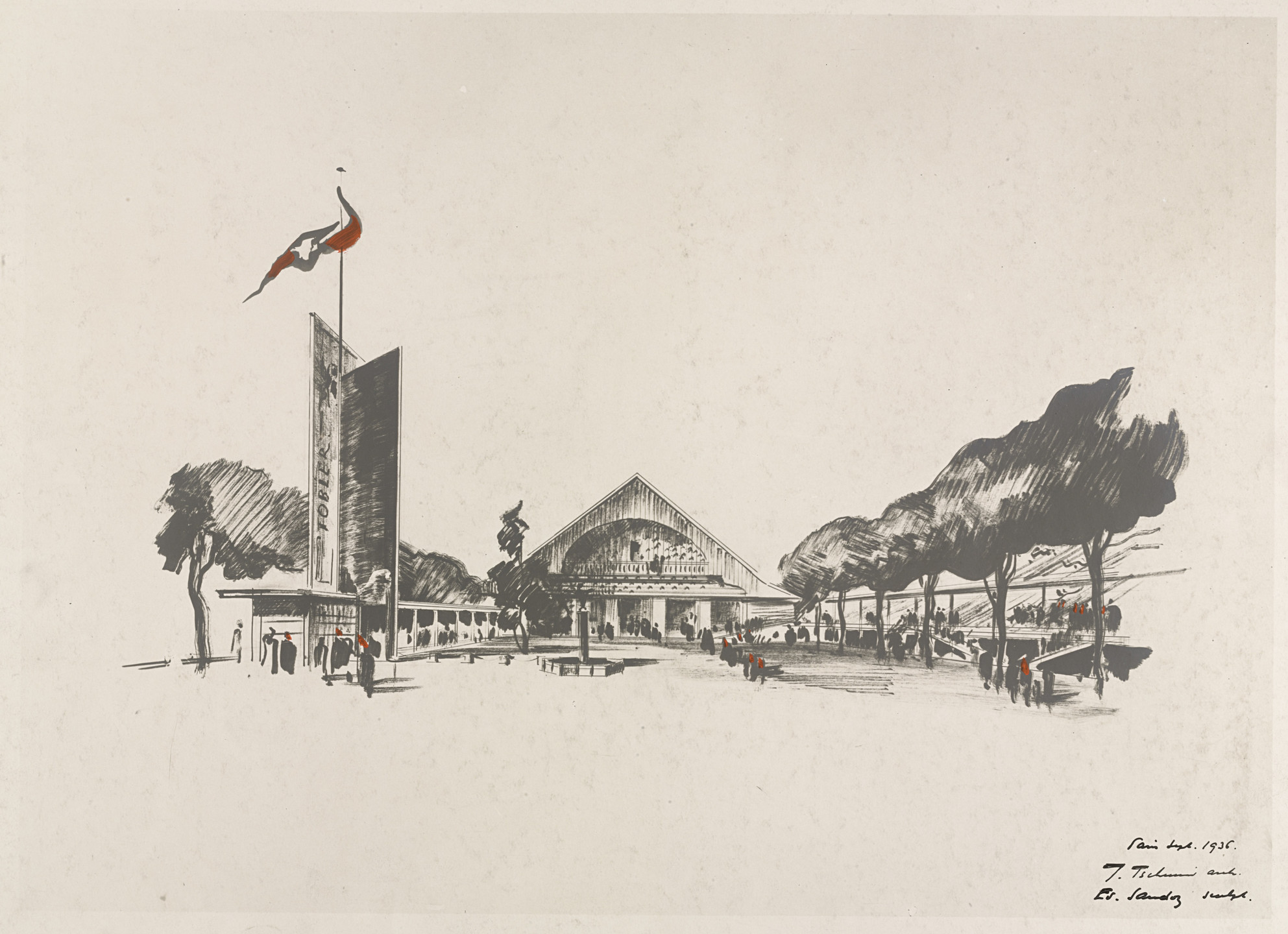 Jean Tschumi, Edouard-Marcel Sandoz. Swiss Pavilion, Paris World&#39;s Fair, project, Exterior perspective. 1937