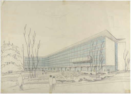 Jean Tschumi. Nestle Headquarters, Vevey, Switzerland (Perspective, south façade). 1956-1957