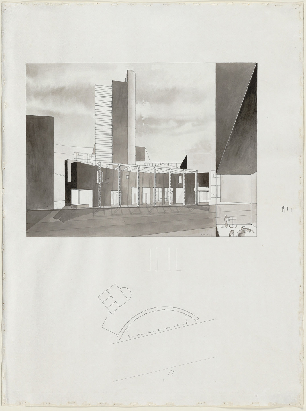 Steven Holl. Porta Vittoria, project, Milan, Italy, Subway station and shops, ticket-taker tower, perspective and plan. 1986
