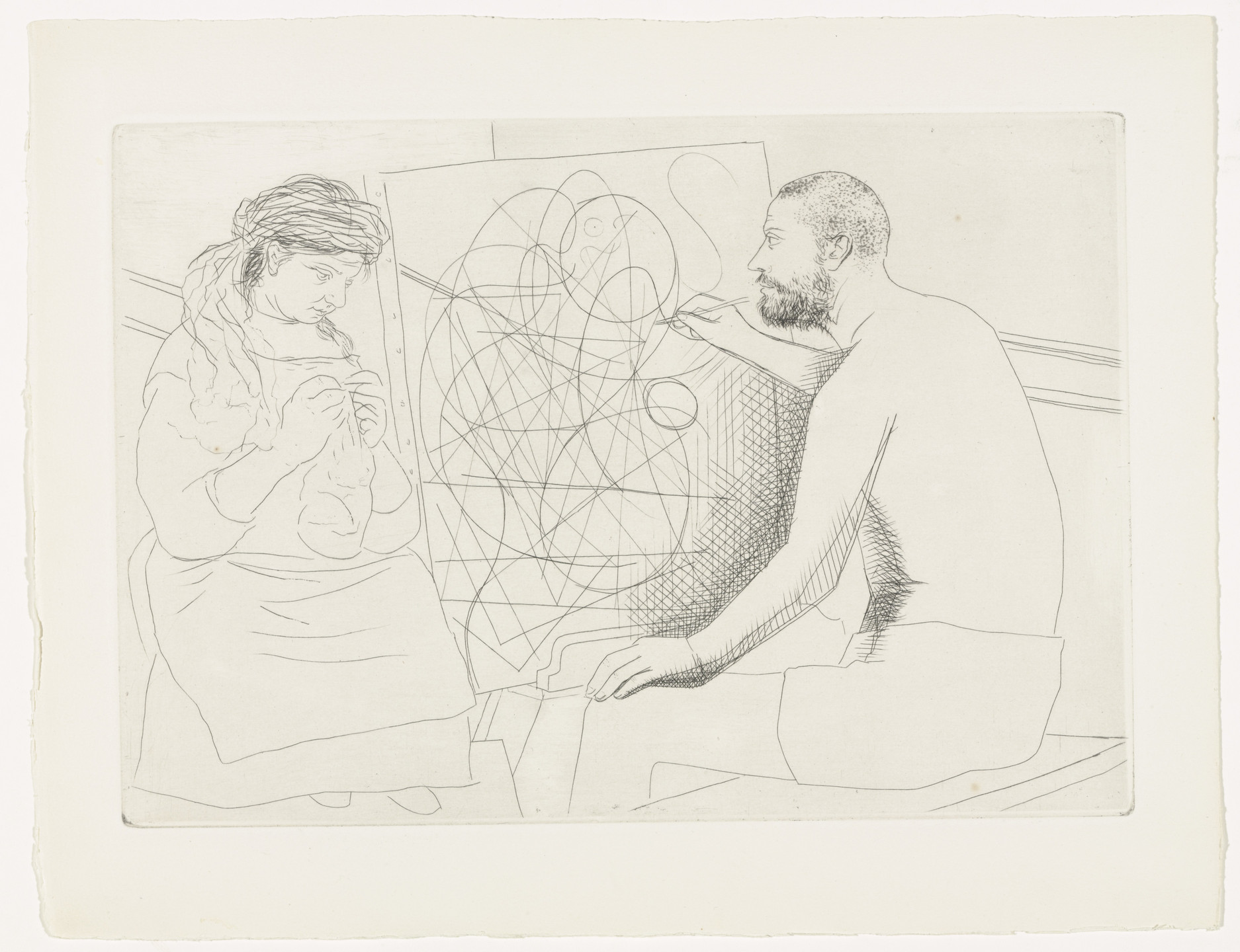 Pablo Picasso. Painter and Model Knitting from Le Chef-d&#39;œuvre inconnu. 1927, published 1931
