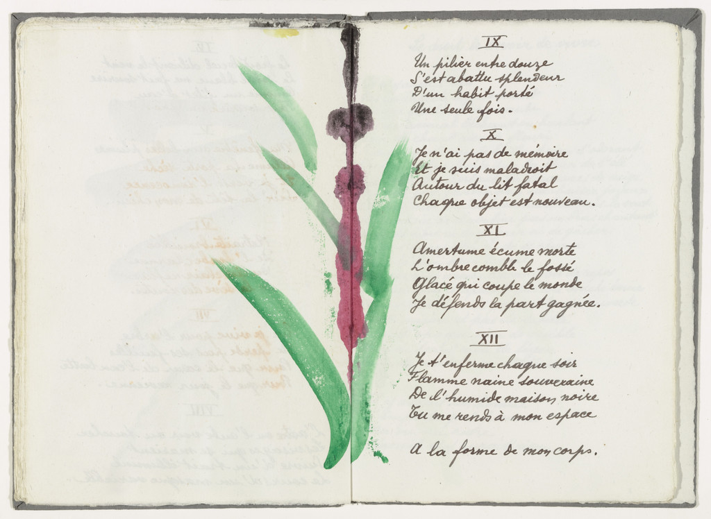 Text with double page decoration (folios 12 verso and 13) from the illustrated book Divers Poèmes du Livre Ouvert