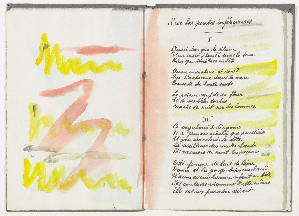 Text with double page decoration (folios 3 verso and 4) from from the illustrated book Divers Poèmes du Livre Ouvert