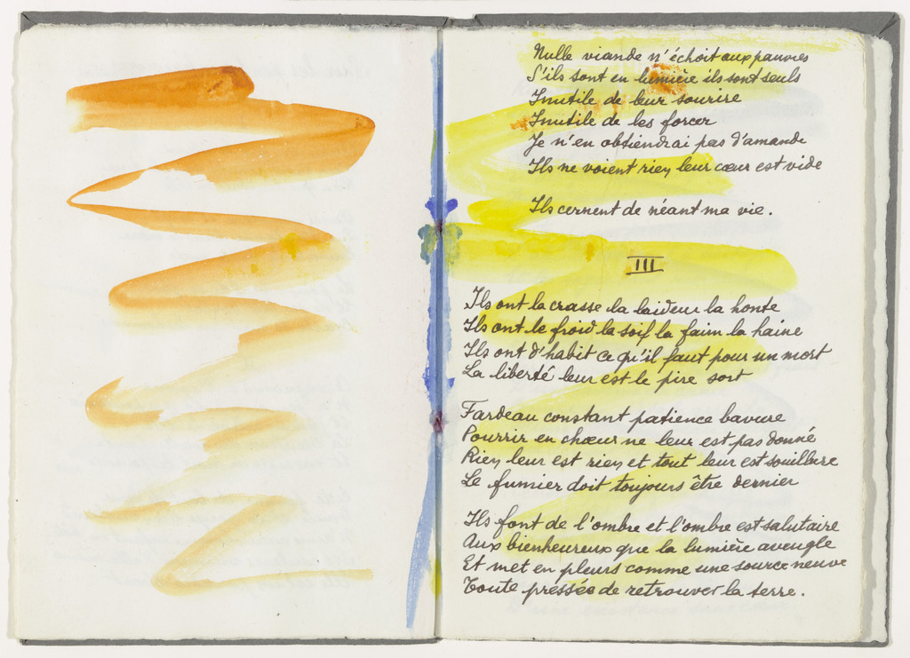 Text with double page decoration (folios 4 verso and 5) from the illustrated book Divers Poèmes du Livre Ouvert