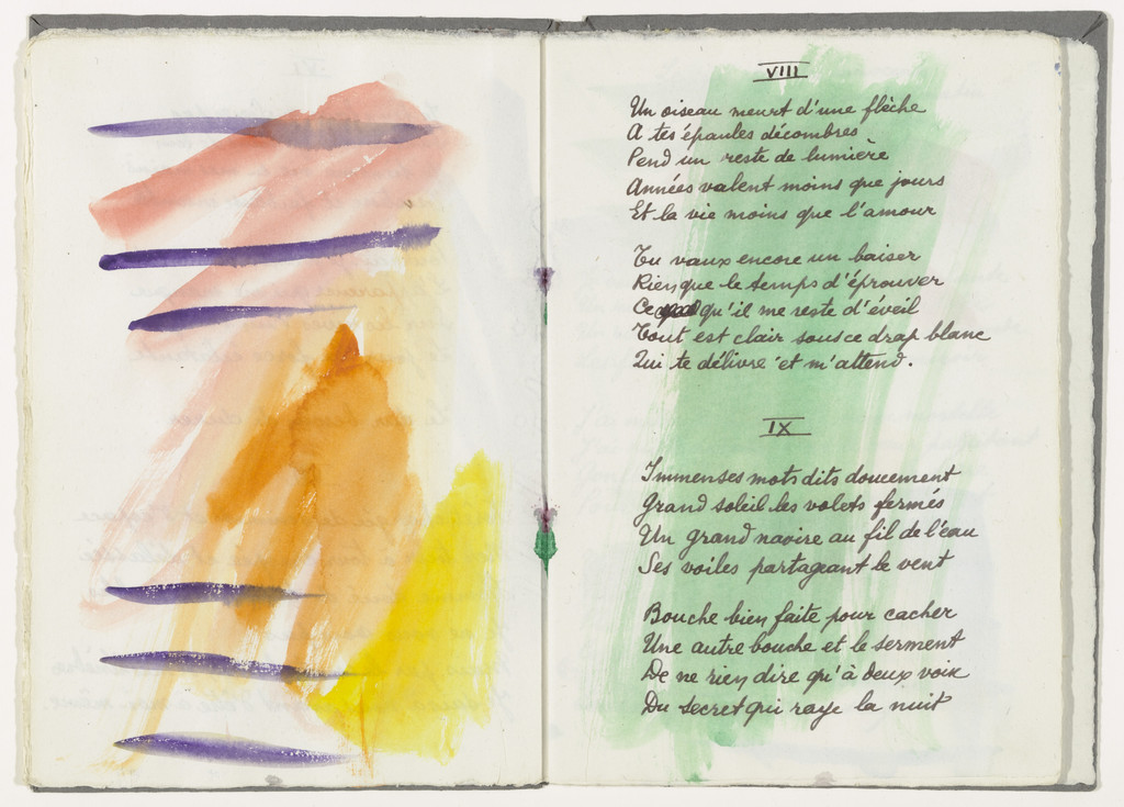 Text with double page decoration (folios 7 verso and 8) from from the illustrated book Divers Poèmes du Livre Ouvert