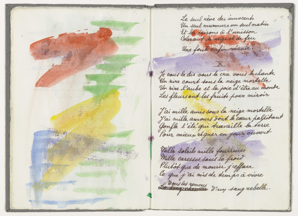 Text with double page decoration (folios 8 verso and 9) from from the illustrated book Divers Poèmes du Livre Ouvert