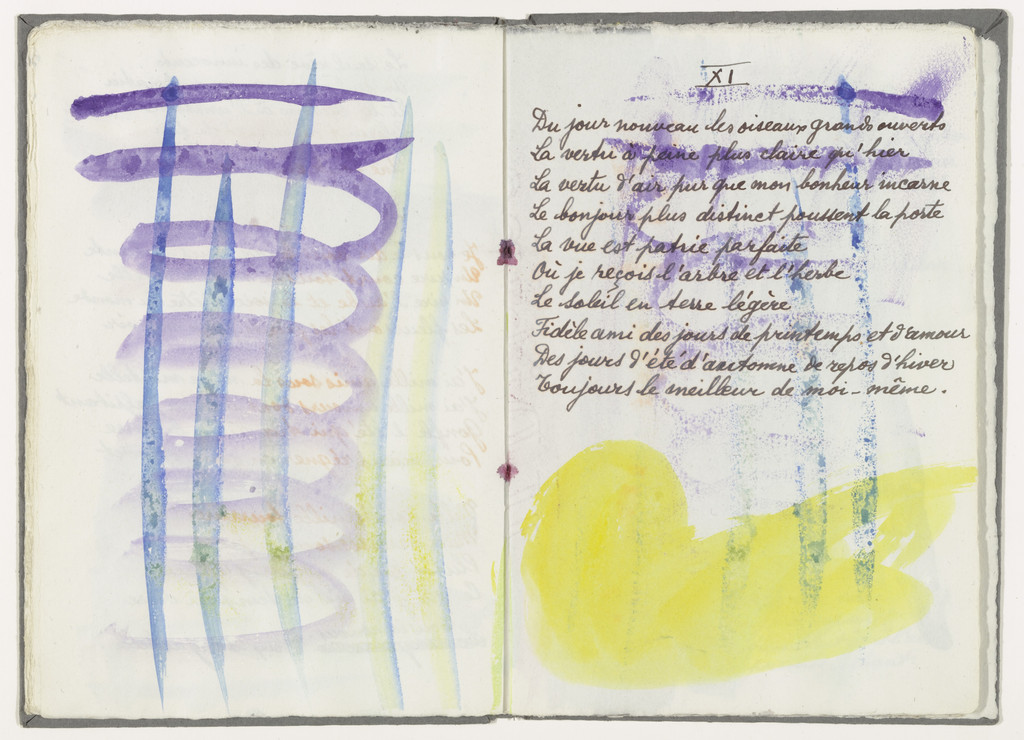 Text with double page decoration (folios 9 verso and 10) from from the illustrated book Divers Poèmes du Livre Ouvert