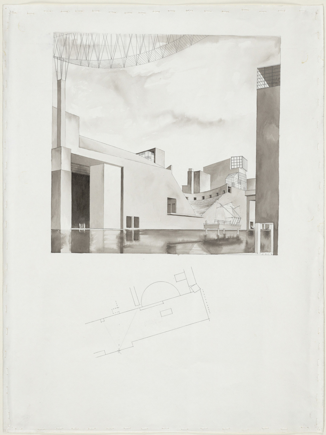 Steven Holl. Porta Vittoria, project, Milan, Italy, Water basin, amphitheater, and jack-up rig, perspective and plan. 1986