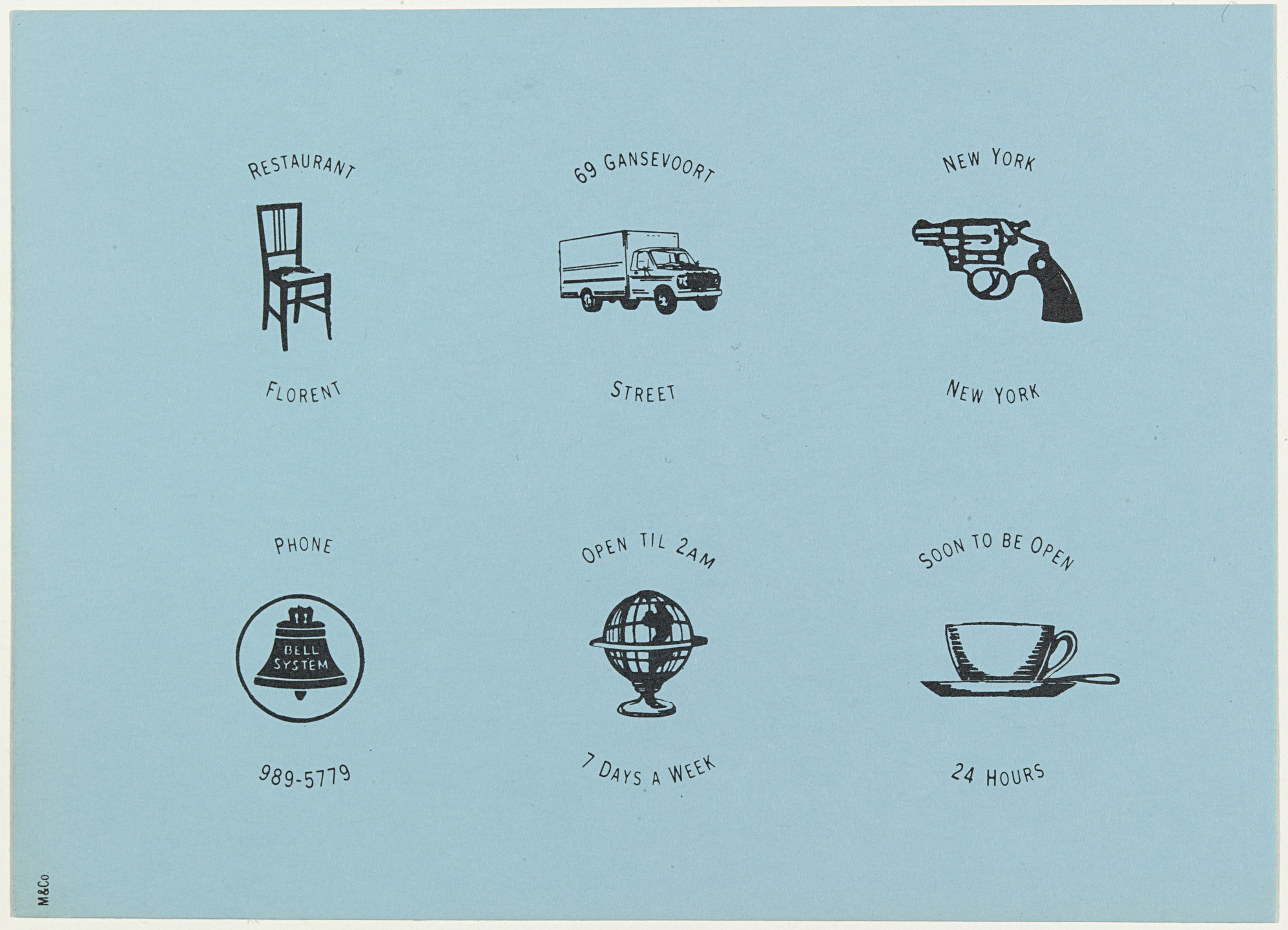 Tibor Kalman, Alexander Isley. Restaurant Florent Postcard. 1985
