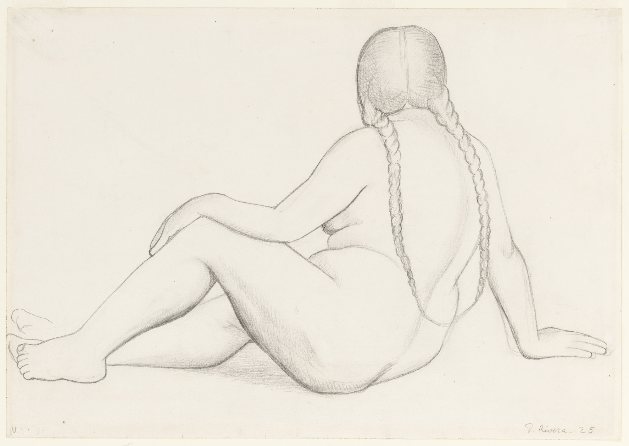 A pencil drawing depicts a seated, nude woman with long braids viewed from the back. She is sitting with her right arm extended to the side supporting her weight and her legs bent at the knees. This is an AI generated description. To give feedback, email ai@moma.org.