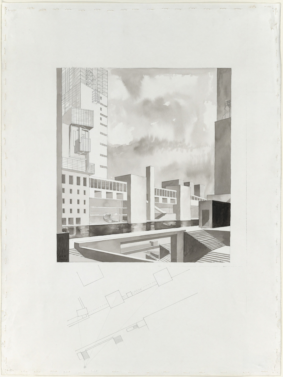 Steven Holl. Porta Vittoria, project, Milan, Italy, Passage below water basin, perspective and plan. 1986