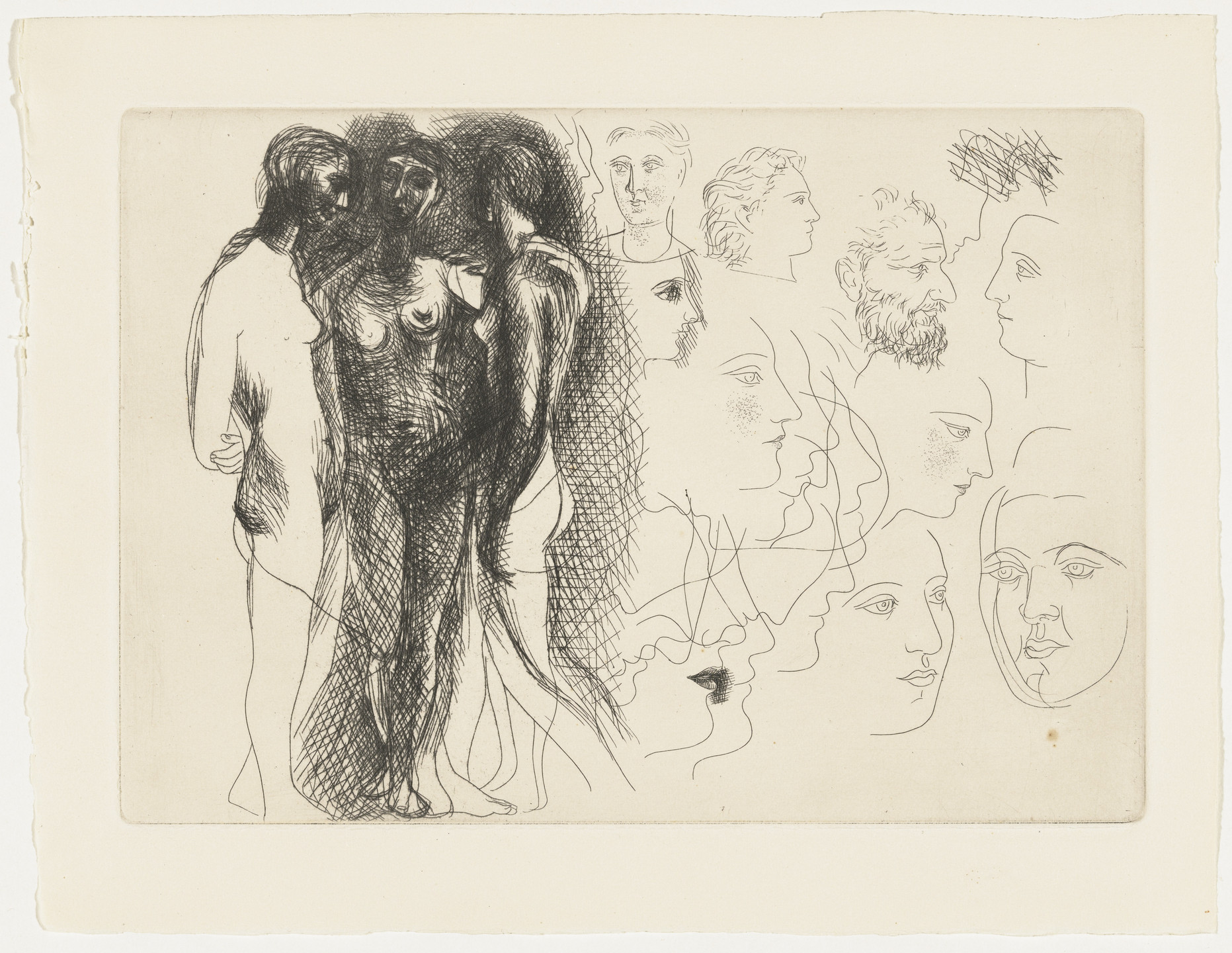 Pablo Picasso. Three Standing Nudes, with Sketches of Faces from Le Chef-d&#39;œuvre inconnu. 1927–28, published 1931