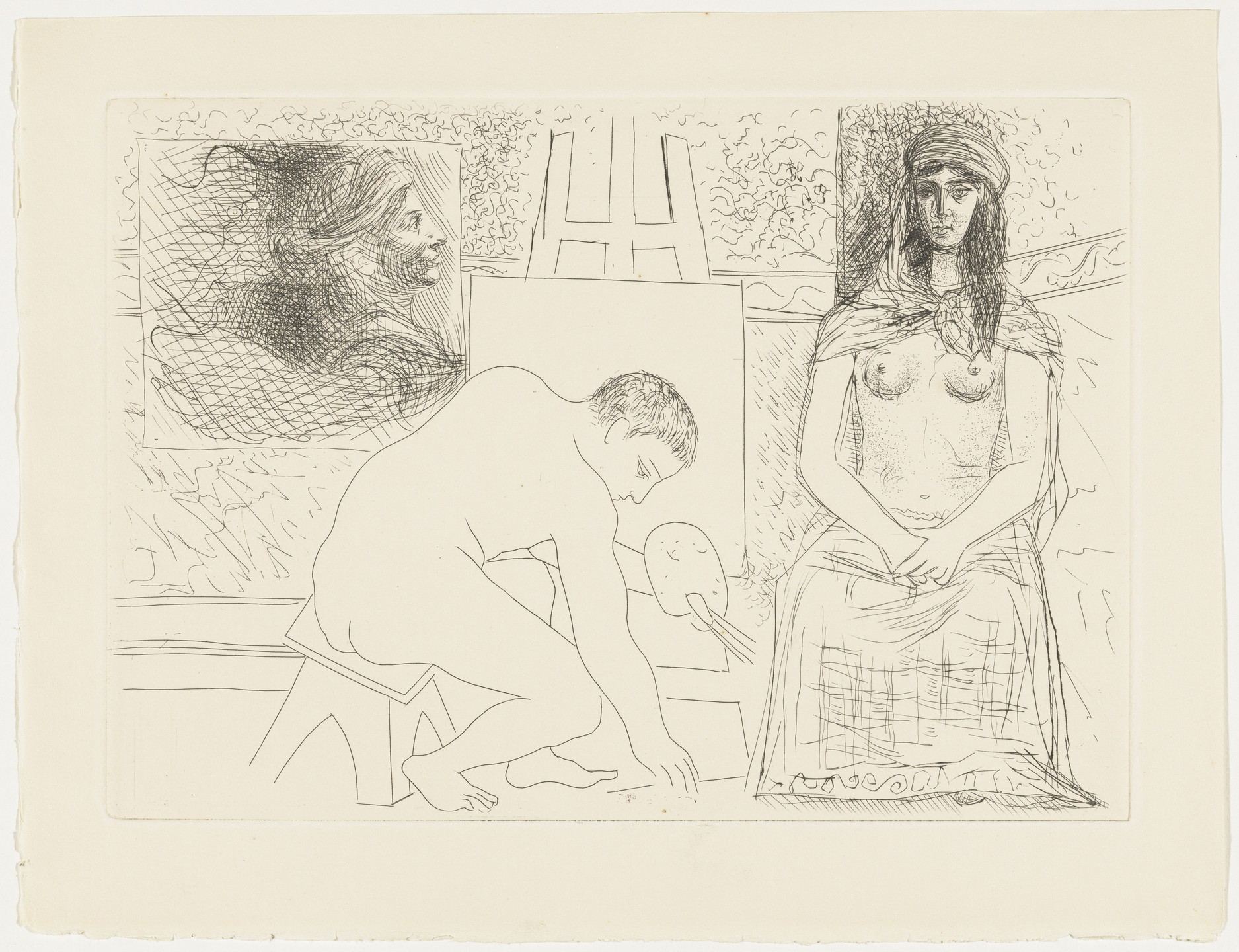 Pablo Picasso. Painter Picking up His Brush, with a Model in a Turban from Le Chef-d&#39;œuvre inconnu. 1927–28, published 1931