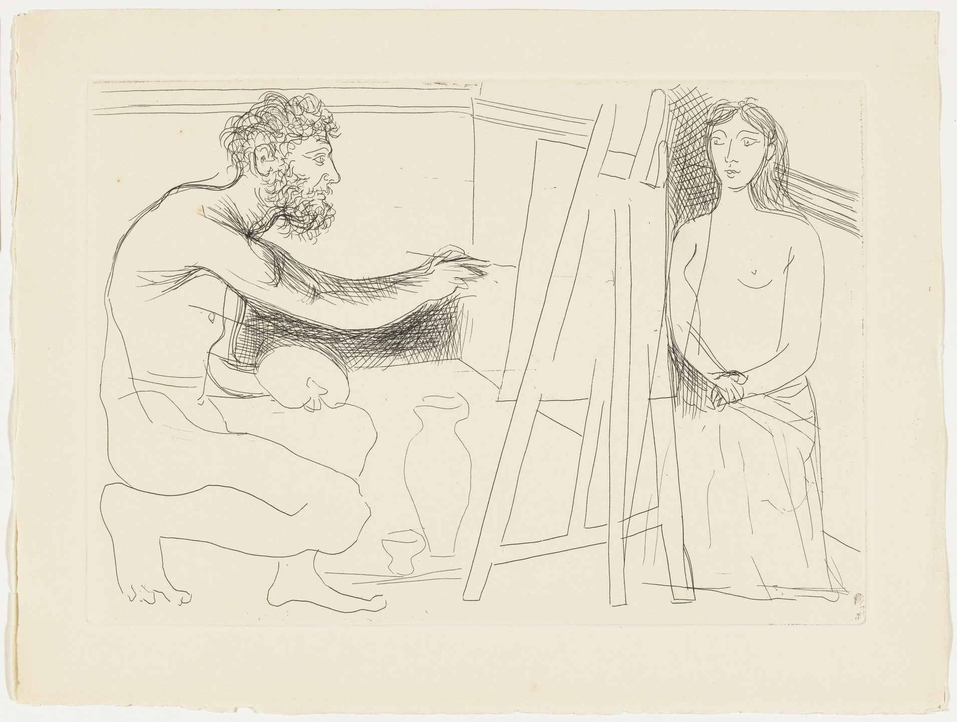 Pablo Picasso. Painter Before His Easel, with a Long-Haired Model from Le Chef-d&#39;œuvre inconnu. 1927, published 1931