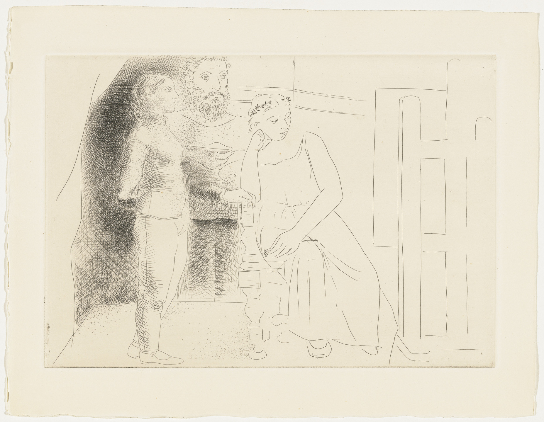 Pablo Picasso. Painter with Two Models Looking at a Canvas from Le Chef-d&#39;œuvre inconnu. 1927, published 1931