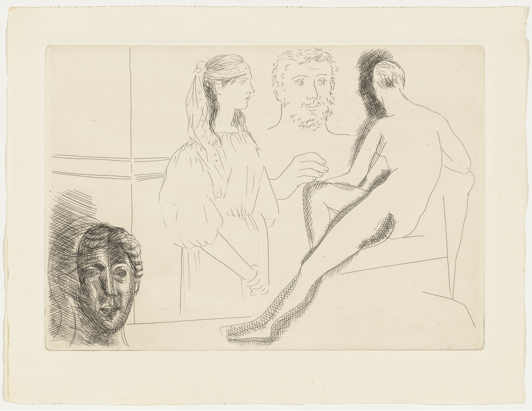 Pablo Picasso. Sculptor Before His Sculpture, with Young Girl in a Turban and Sculpted Head from Le Chef-d&#39;œuvre inconnu. 1927–28, published 1931