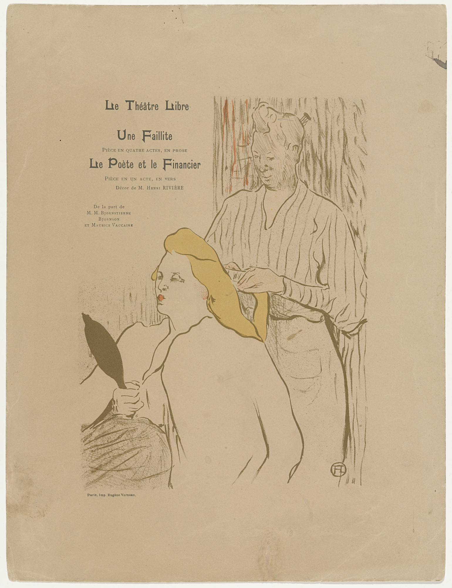 Henri de Toulouse-Lautrec. The Hairdresser (La coiffure), program for Bankruptcy (Une Faillite) and The Poet and the Financier (Le Poète et le Financier) at the Théâtre Libre
