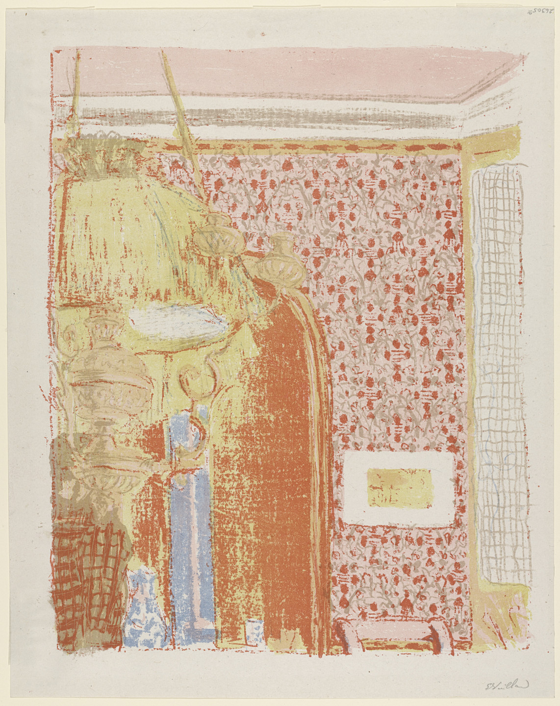 An interior scene with a predominantly red and yellow patterned wallpaper. The foreground features sketched objects in muted colors, including a blue vase and hanging objects, set against a red backdrop. This is an AI generated description. To give feedback, email ai@moma.org.