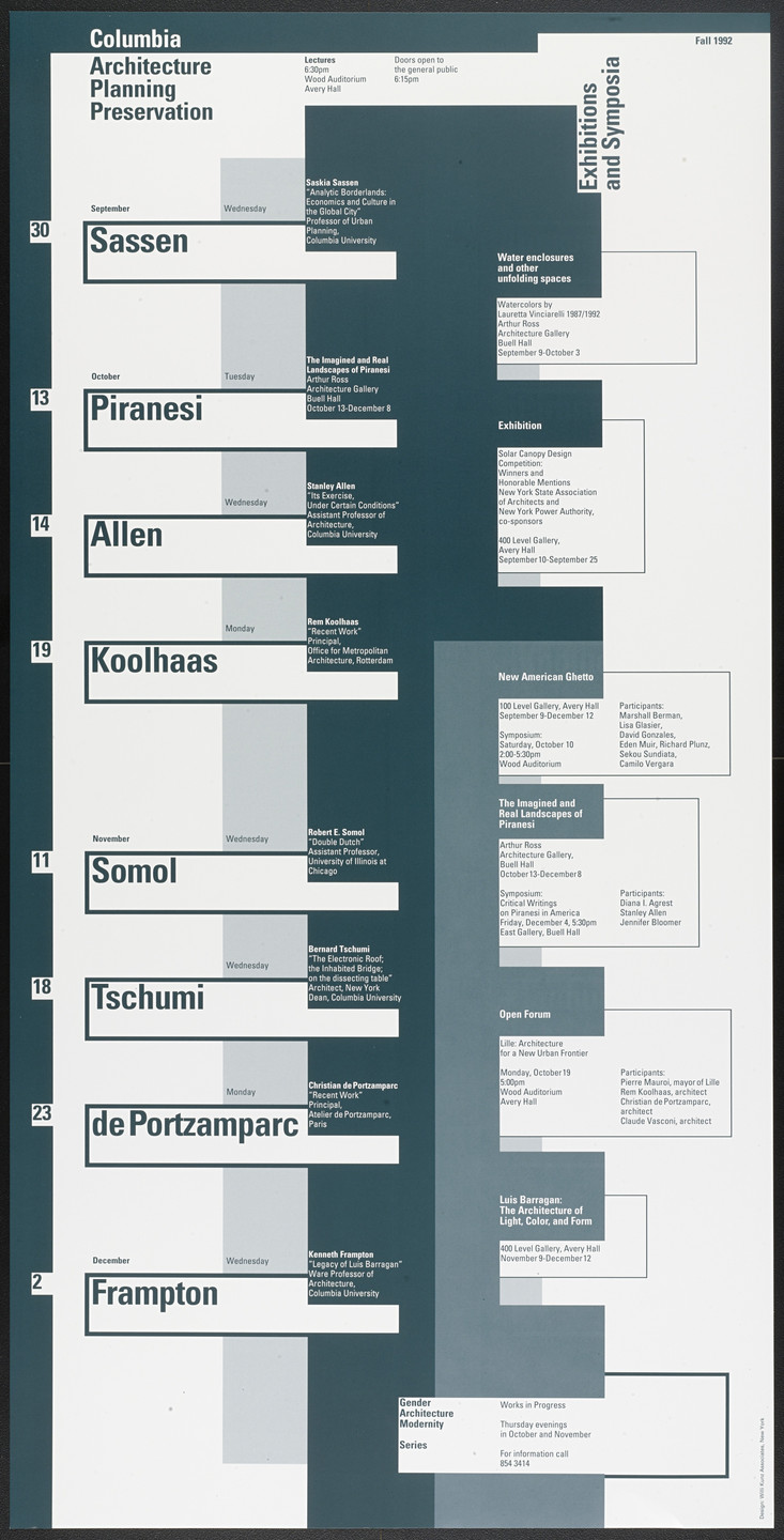 Willi Kunz. Columbia University, Graduate School of Architecture, Planning and Preservation Lecture Series Fall 1992. 1992