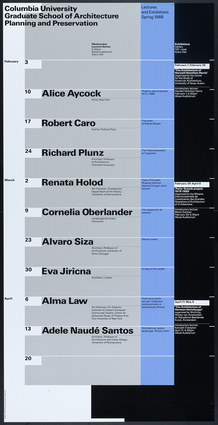 Willi Kunz. Columbia University, Graduate School of Architecture, Planning and Preservation Lecture Series Spring 1988. 1988