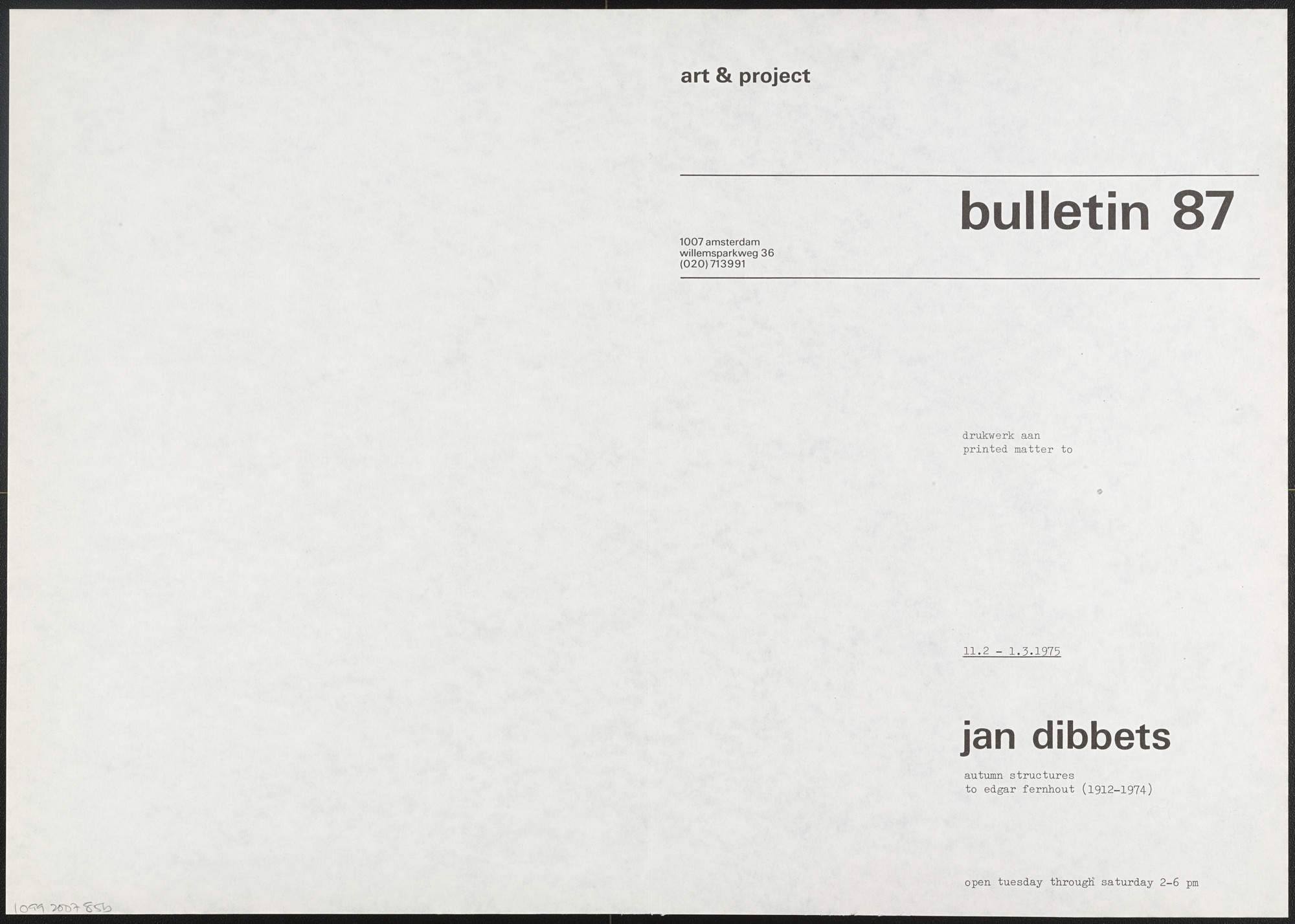 Carl Andre. Art & Project Bulletin #85