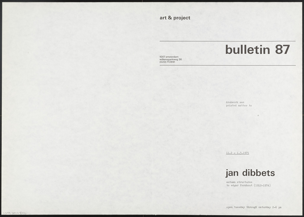 Art & Project Bulletin #85, Carl Andre, 1975