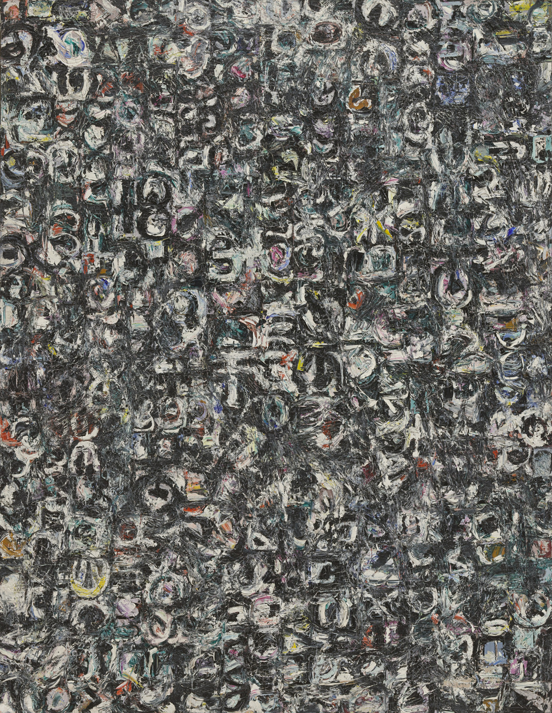This image is a densely textured painting with a myriad of swirling patterns and shapes in black, white, and gray. There are occasional hints of color, such as yellow, blue, and red, scattered throughout. This is an AI generated description. To give feedback, email ai@moma.org.