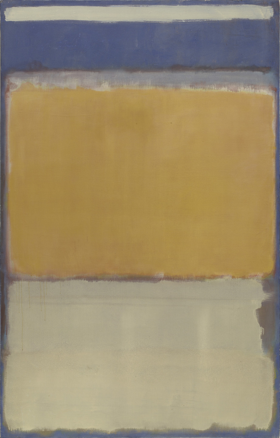 The image shows a painting with three main horizontal bands: a blue band at the top, a large mustard yellow band in the middle, and a light beige band at the bottom. The colors are slightly blended at the borders, creating a soft transition between sections. This is an AI generated description. To give feedback, email ai@moma.org.