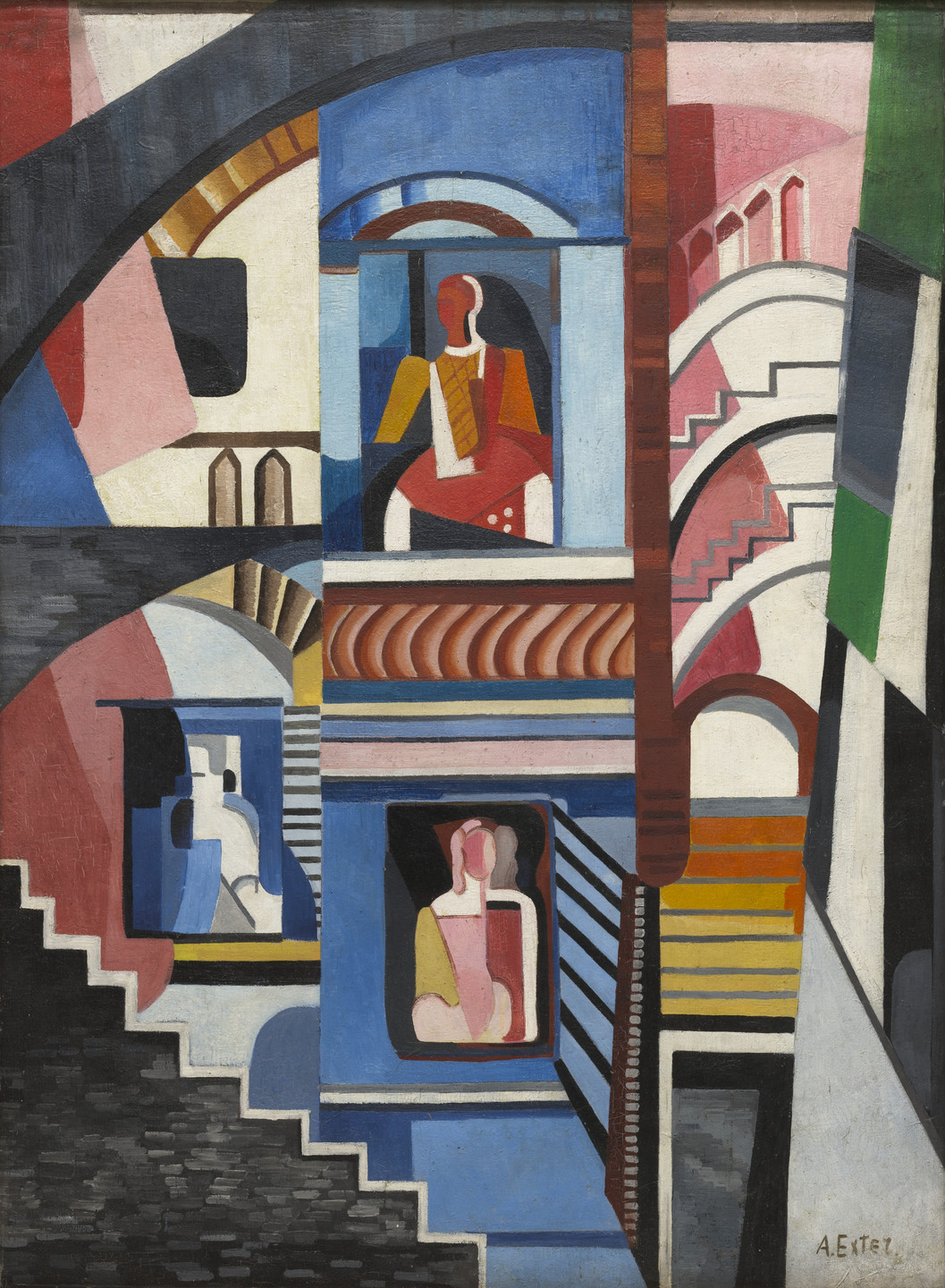 The image features stylized, geometric shapes forming stairs, arches, and segmented, blocky figures in a mix of blue, red, yellow, black, and white colors. The composition includes angular elements and overlapping sections. This is an AI generated description. To give feedback, email ai@moma.org.