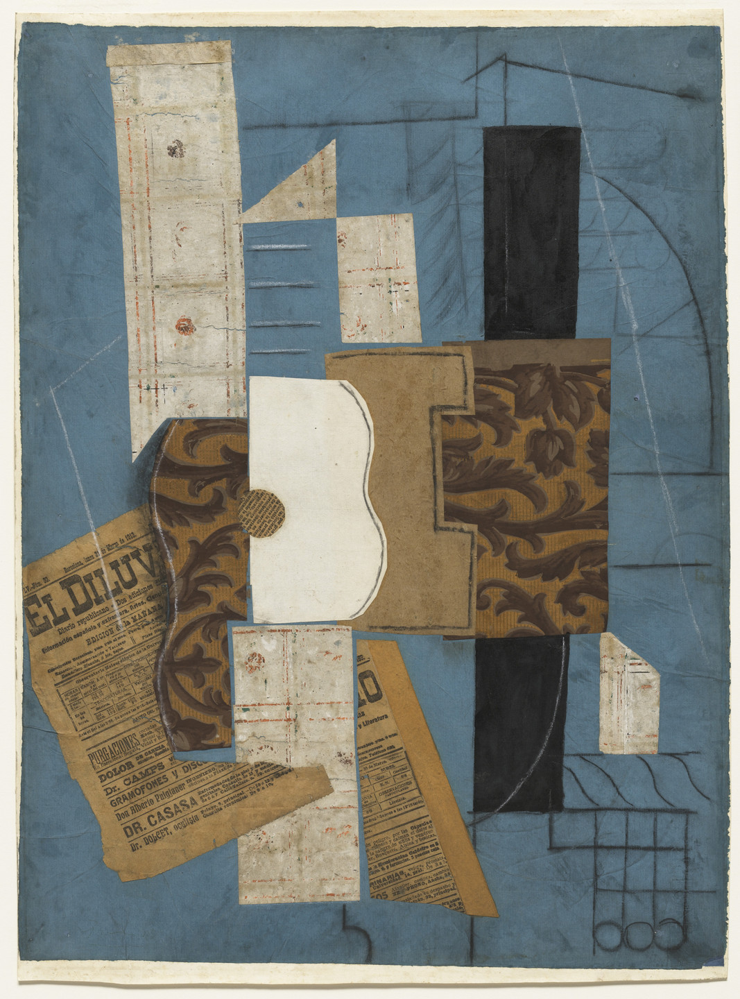 This collage is made up of various cut-out pieces of paper with printed texts and patterns, assembled on a blue background. Predominant colors include brown, white, black, and off-white. At the center are two curved pieces of paper that suggest the body of a guitar. This is an AI generated description. To give feedback, email ai@moma.org.