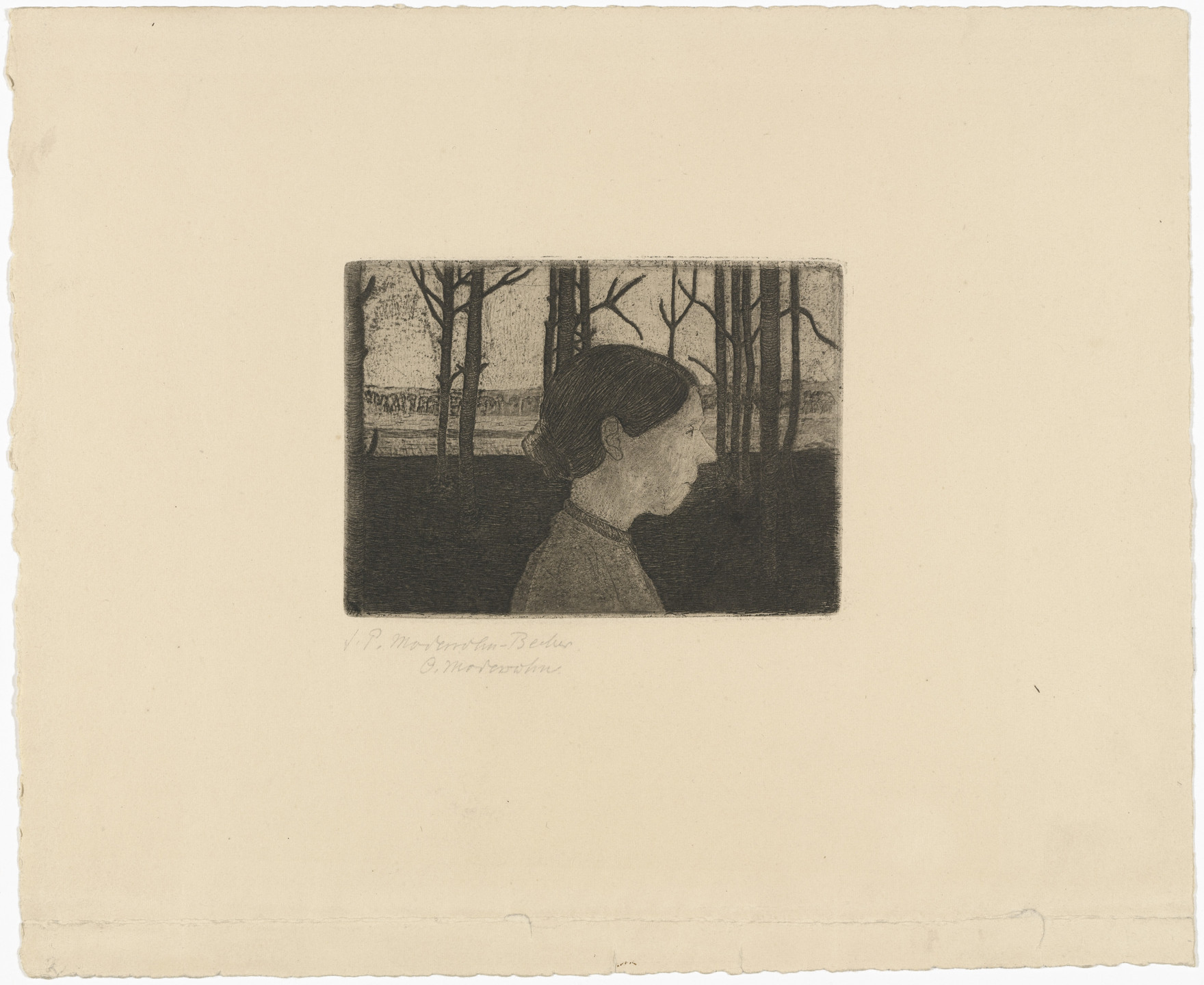 A profile of a person with dark hair, facing right, set against a background of trees with bare branches. The predominant colors are shades of black and white. This is an AI generated description. To give feedback, email ai@moma.org.