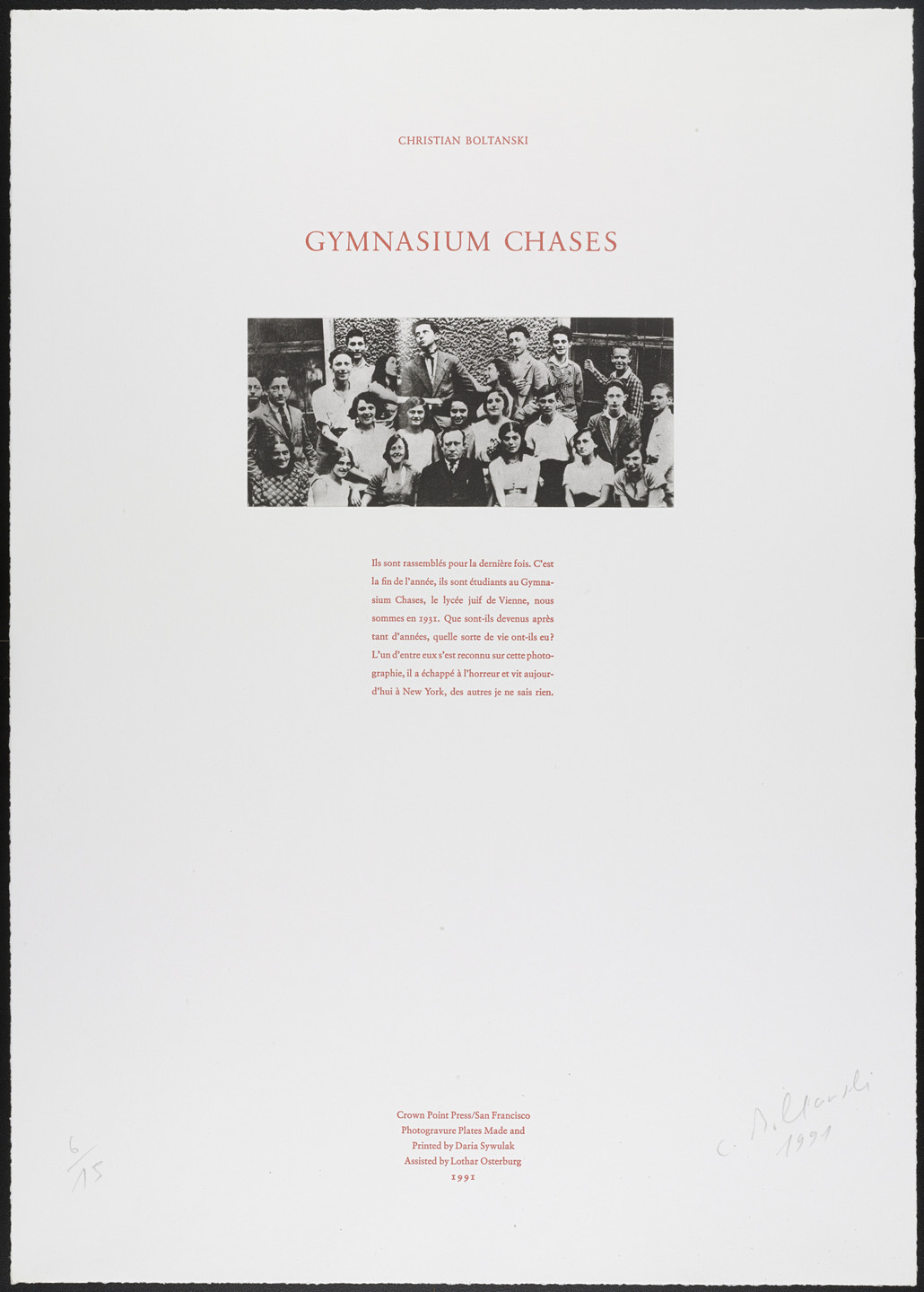 Christian Boltanski. Title Page from Gymnasium Chases. 1991 (project begun 1989).