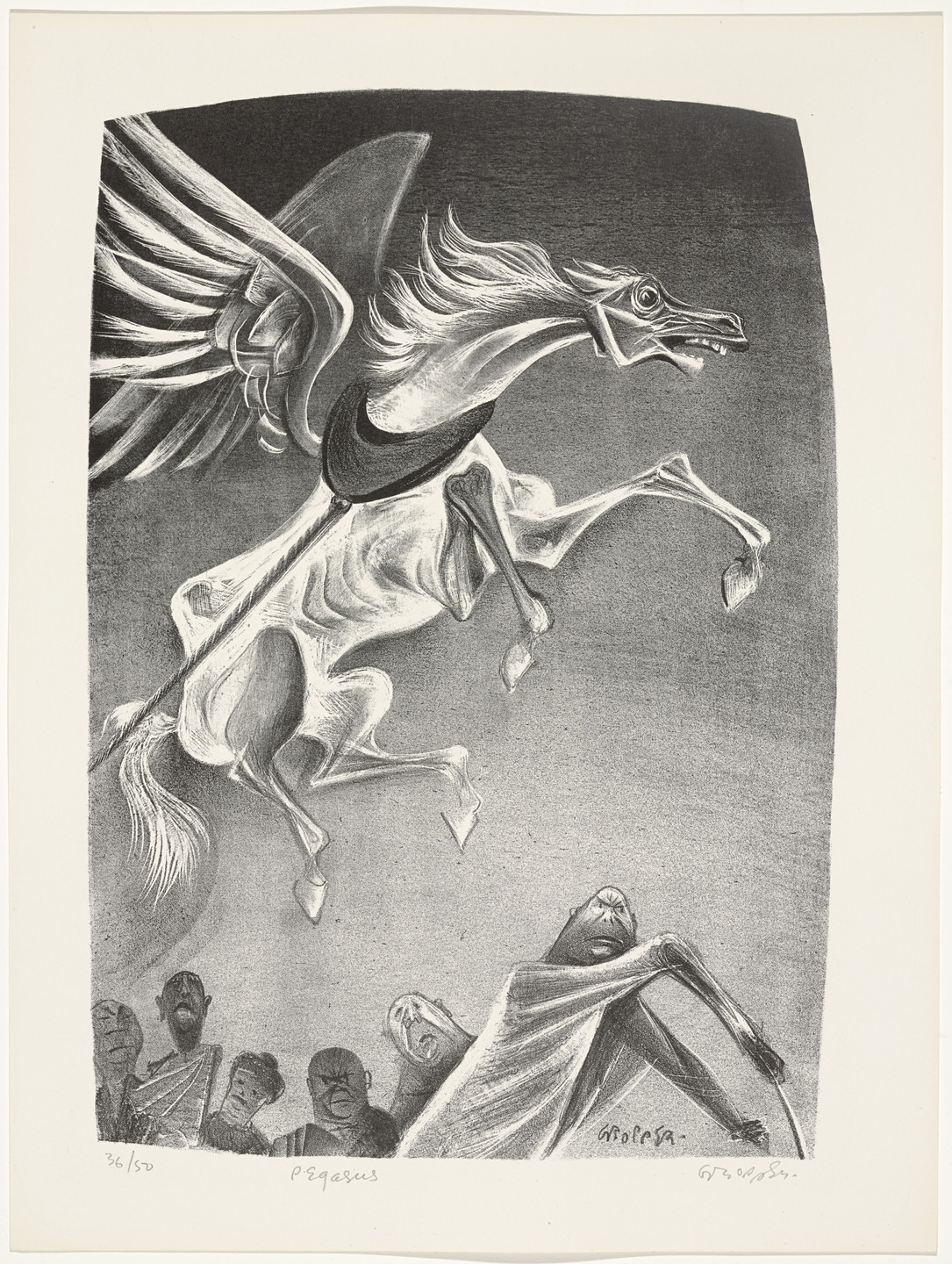 A gray winged horse with a flowing mane appears to fly upwards above a group of people with various facial expressions. The predominant colors are gray and white. This is an AI generated description. To give feedback, email ai@moma.org.