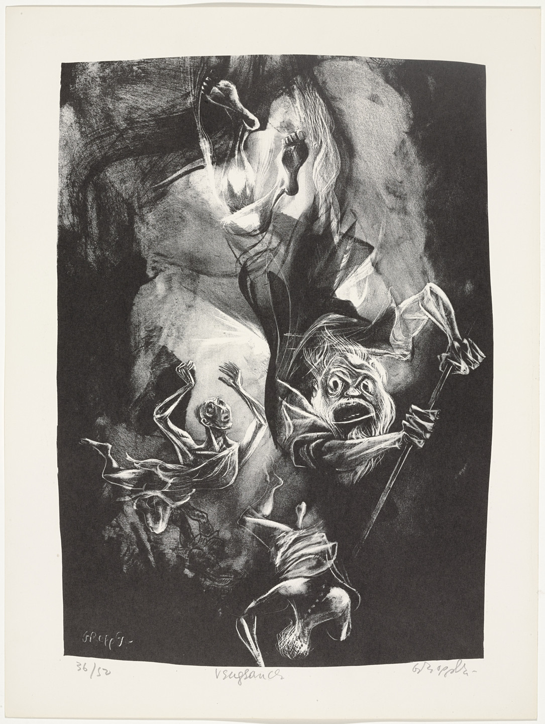 The image features dark and light contrasting shades where figures with exaggerated expressions appear in chaotic movements. Predominantly, grayscale tones are used, with prominent white highlights outlining the figures. This is an AI generated description. To give feedback, email ai@moma.org.
