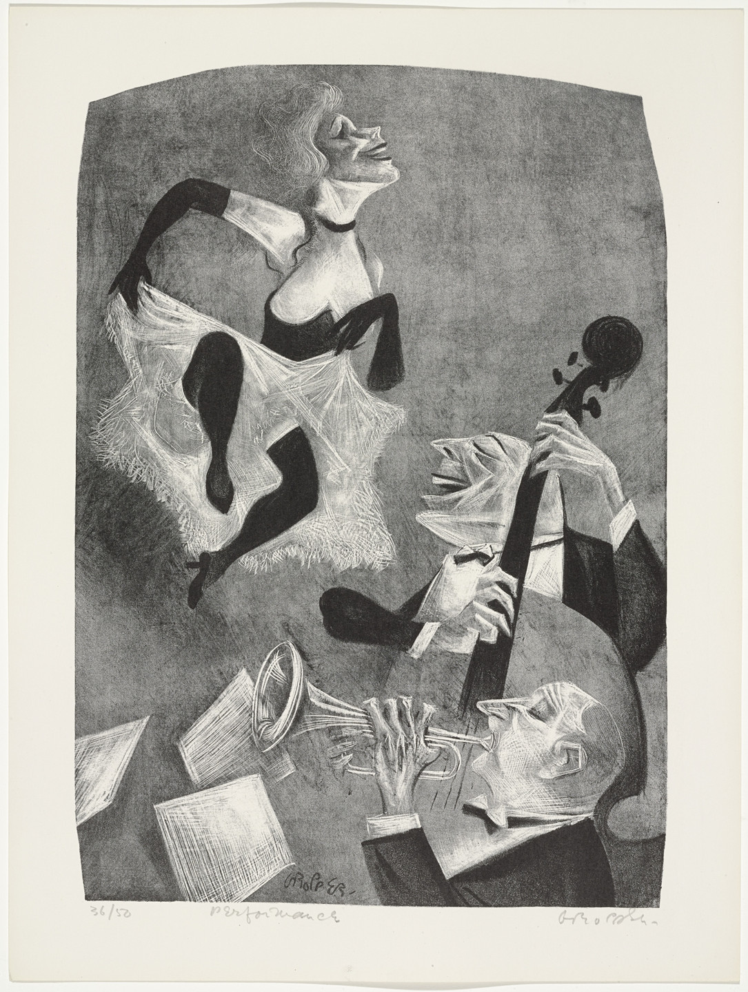 A grayscale illustration shows an energetic dancer with a white dress and black gloves, performing above two musicians: one playing a trumpet and the other a double bass. Scattered papers are visible around them. This is an AI generated description. To give feedback, email ai@moma.org.