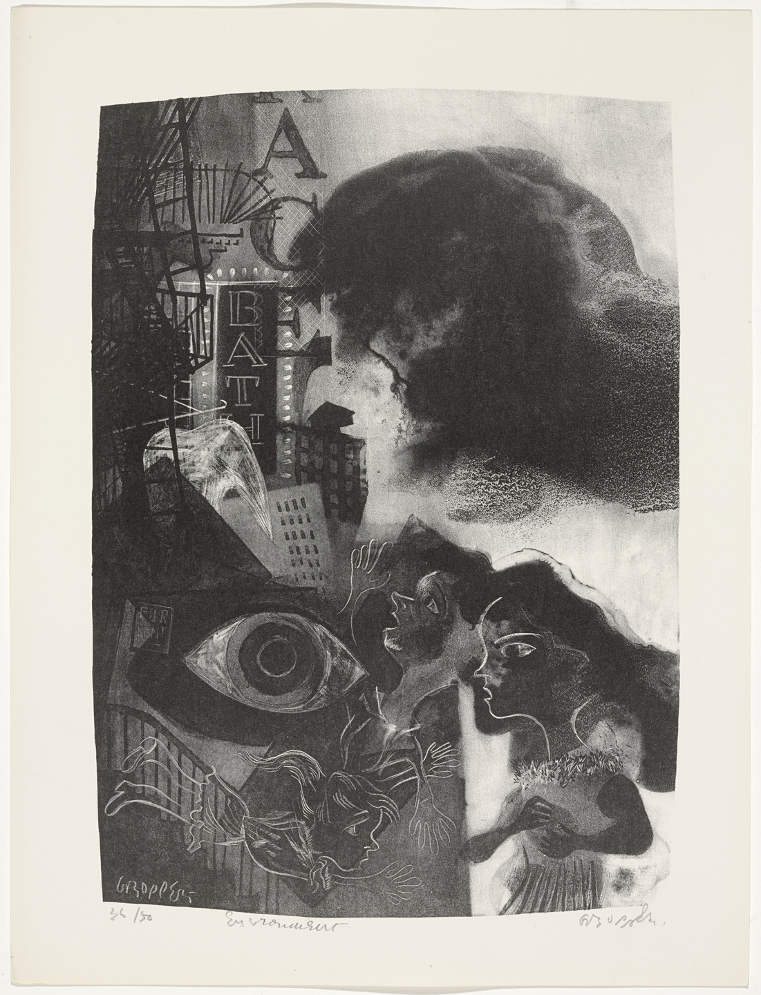 The image features black and gray tones depicting various overlapping elements: a large eye, faces, a hand, and partially visible buildings and letters. The composition appears chaotic with no clear focal point. This is an AI generated description. To give feedback, email ai@moma.org.