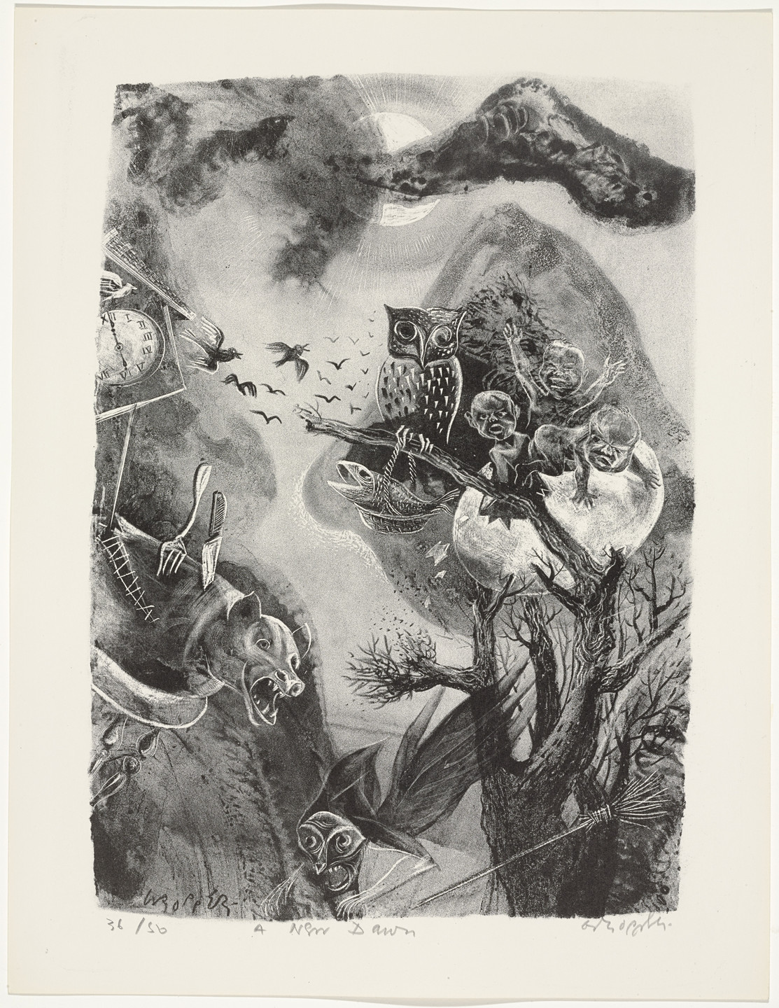 The image depicts a monochromatic scene with varied tones of gray and black. It features an owl, birds, tree branches, owl-like human faces, and a large animal head. This is an AI generated description. To give feedback, email ai@moma.org.