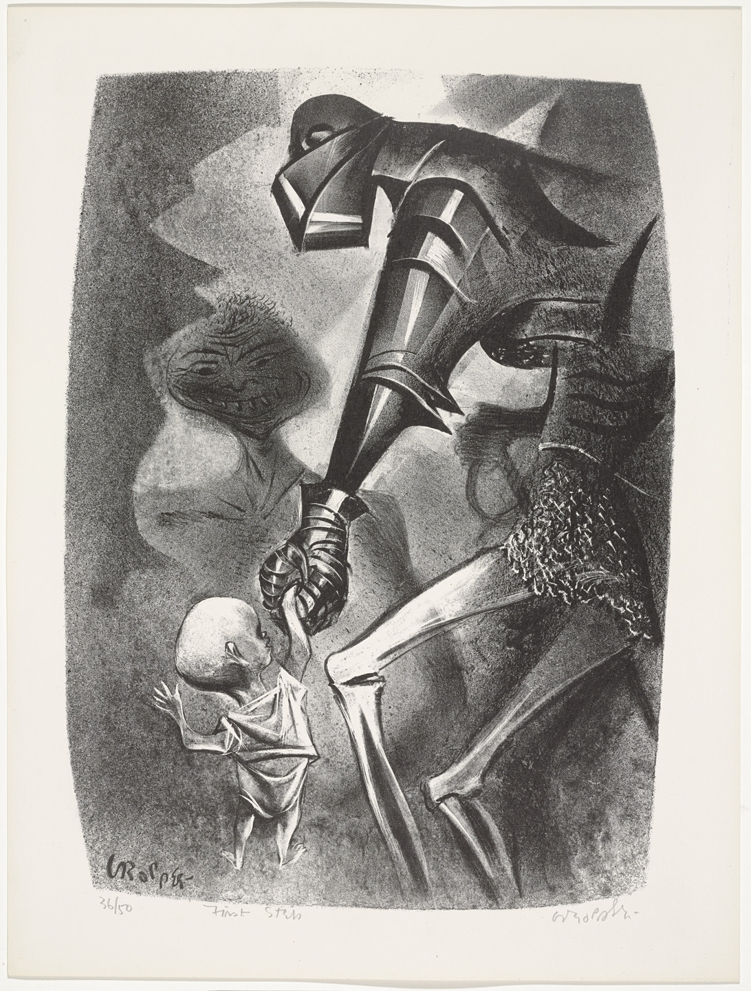 The image shows two figures facing each other. The left figure in dark metallic armor holds the hand of a smaller, bald figure in a white cloth. The background is predominantly gray and black. This is an AI generated description. To give feedback, email ai@moma.org.