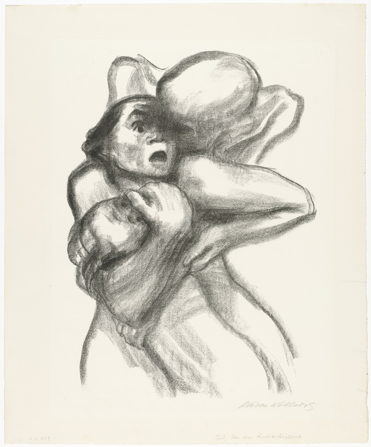 A black and white drawing of two figures in an emotional embrace, with one figure's face showing a distressed expression. The background is a plain, light color. This is an AI generated description. To give feedback, email ai@moma.org.