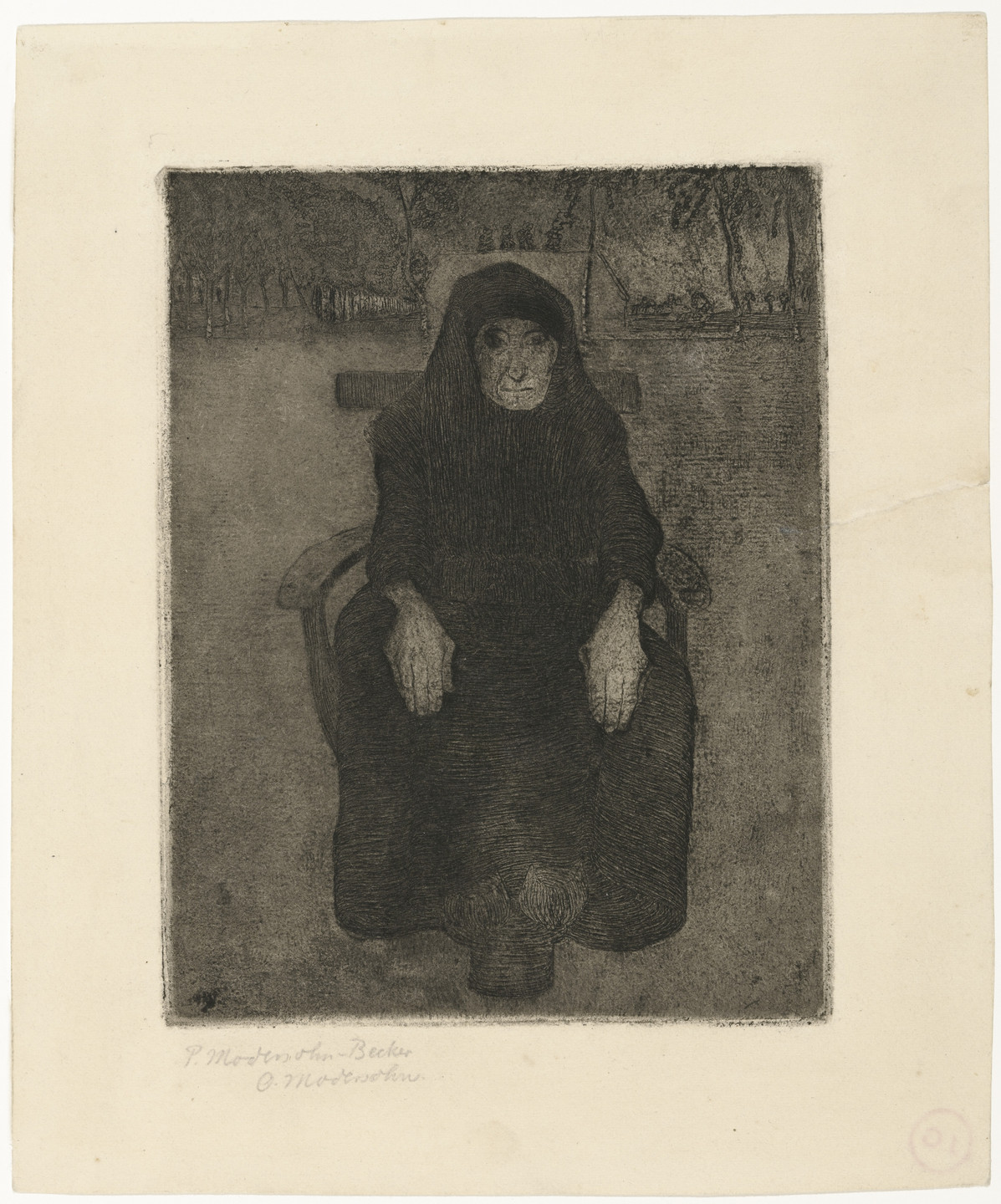 A figure in dark, hooded clothing sits on a chair with hands resting on knees. The mostly dark scene includes faint trees and benches in the background. This is an AI generated description. To give feedback, email ai@moma.org.