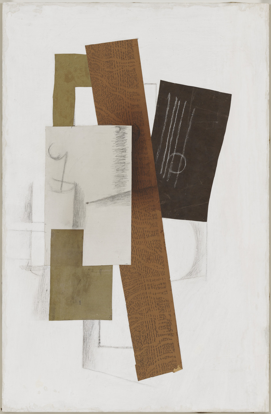 The image features overlapping rectangular shapes in muted shades of brown, olive, and beige, with pencil sketching on some pieces. The background is predominantly white with faint, pencil-drawn lines. This is an AI generated description. To give feedback, email ai@moma.org.