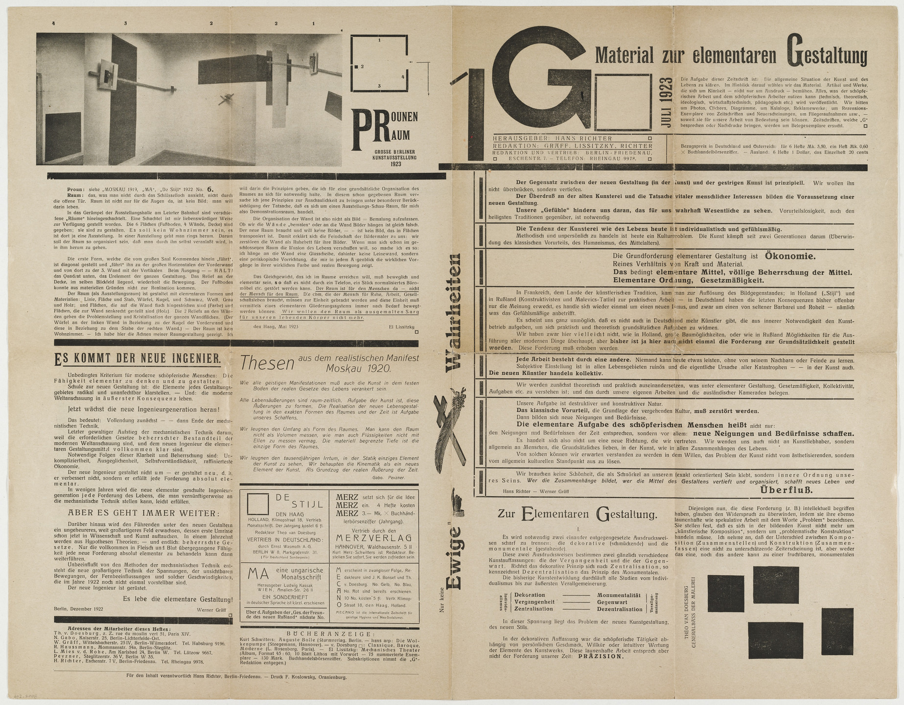Hans Richter, El Lissitzky, Werner Graeff, Ludwig Mies van der Rohe, Frederick Kiesler. G: Material zur elementaren Gestaltung (Material for Elementary Construction) no.1, July 1923. 1923