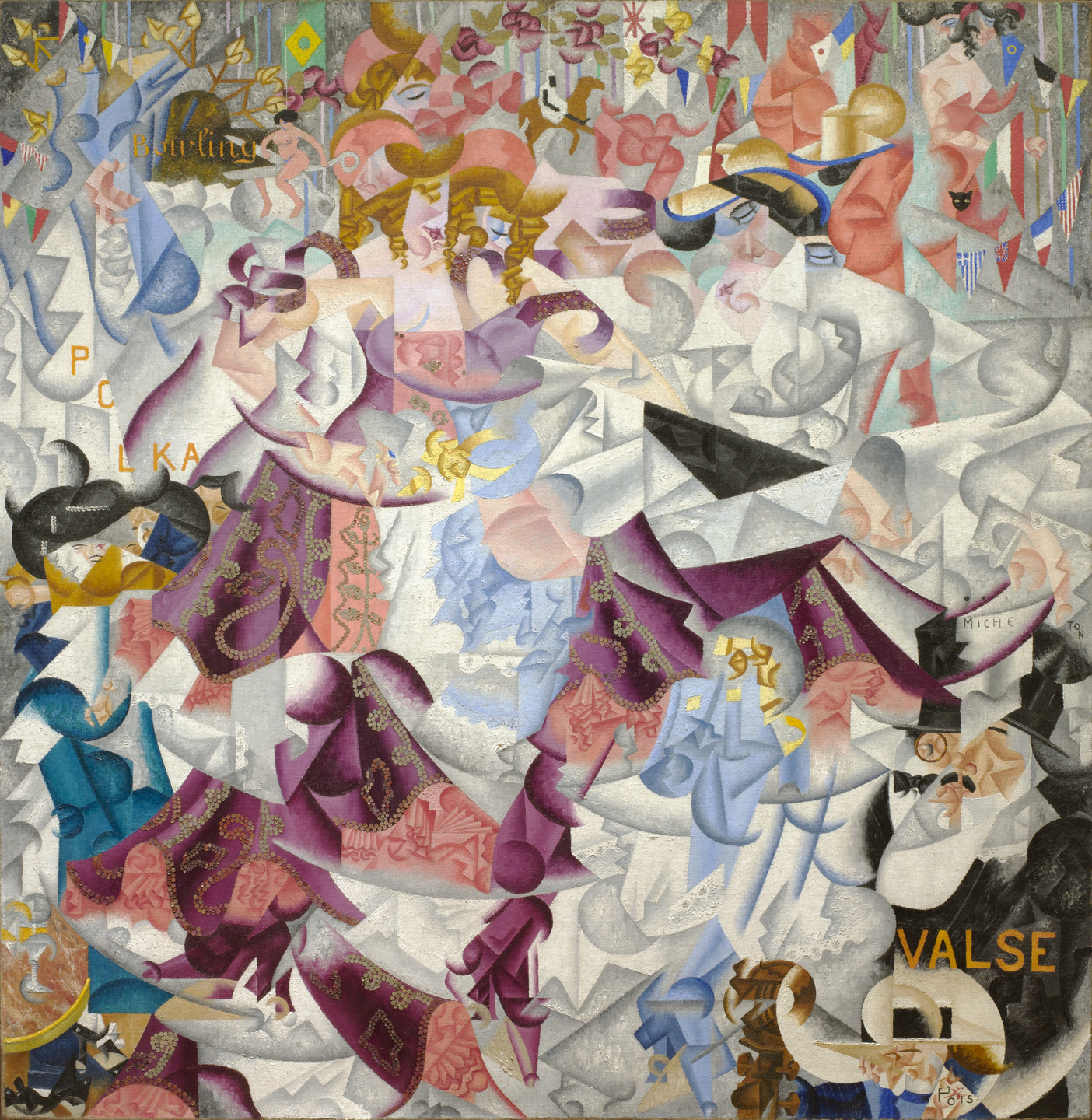 The painting consists of interlocking, colorful shapes and figures, predominantly in shades of purple, pink, gray, blue, gold and black. Various overlapping figures seem to be dancing or looking at the dancers amid vibrant and geometric forms. There are sequins added to painting. The words "Bowling" and "Valse" or "Waltz" and "Polka" are visible. This is an AI generated description. To give feedback, email ai@moma.org.