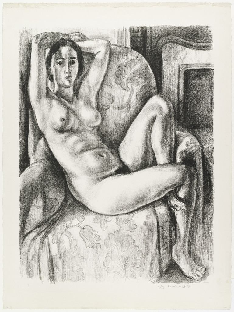 Nude with Blue Cushion Beside a Fireplace (Nu au coussin bleu à coté d'une cheminée)