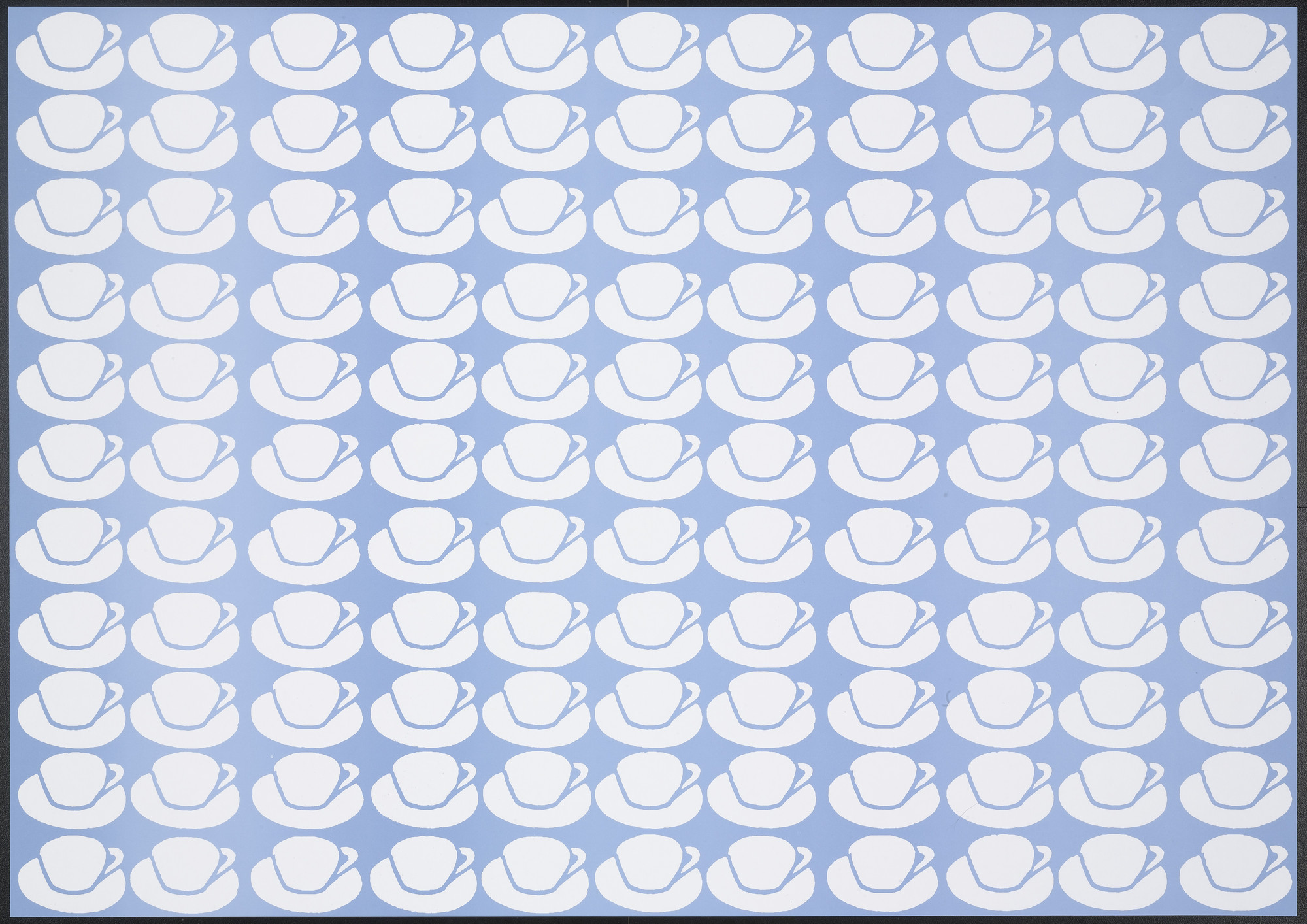 The image consists of multiple rows of white teacups on saucers, evenly spaced against a light blue background. The teacups are illustrated in a minimalist style and repeat in a grid pattern. This is an AI generated description. To give feedback, email ai@moma.org.