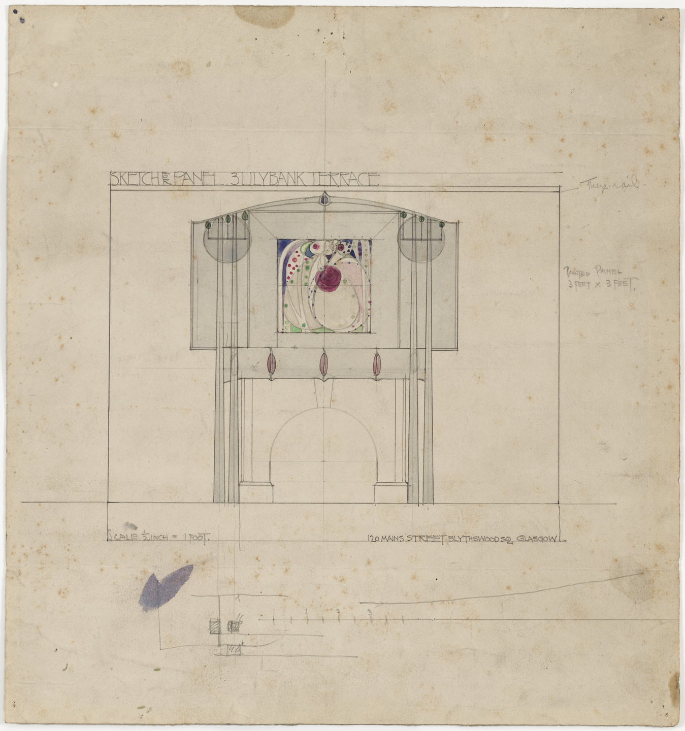 Charles Rennie Mackintosh, Margaret Macdonald. Design for Mantelpiece Incorporating Painted Panel, 3 Lilybank Terrace, Glasgow, Scotland. 1901