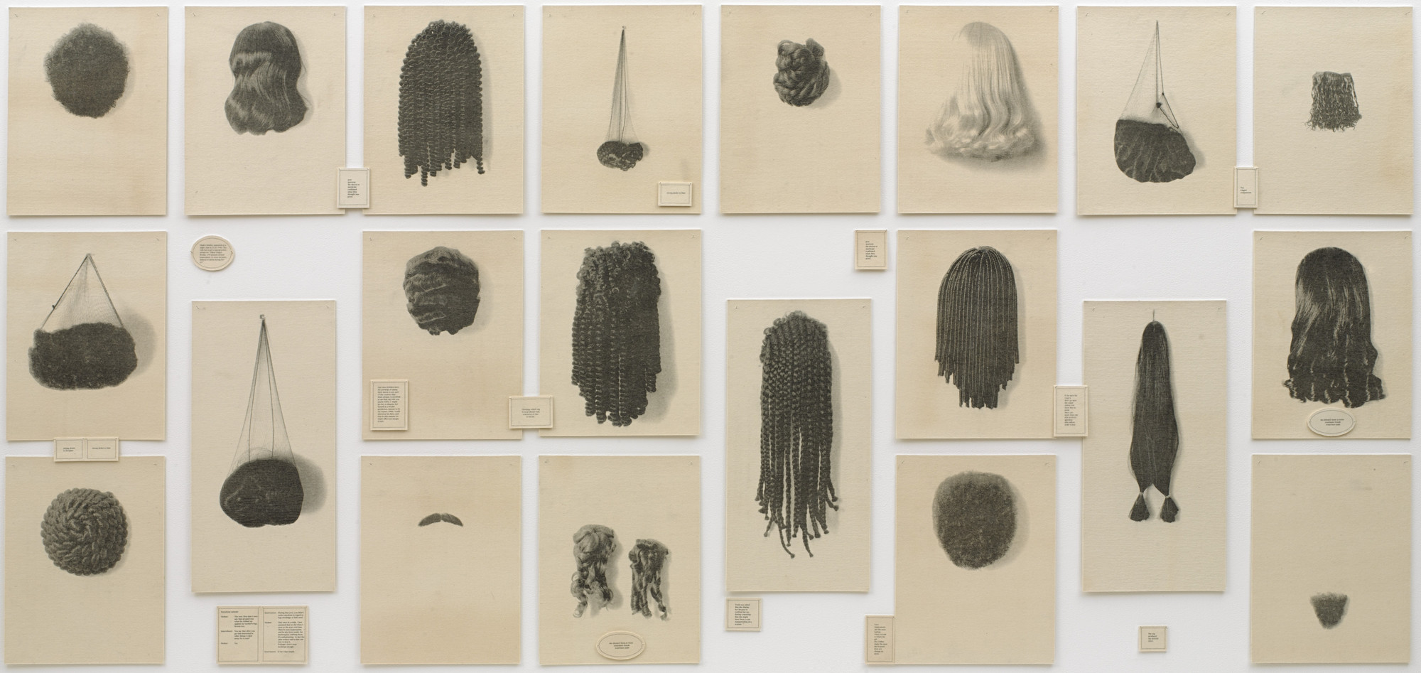 A collection of 20 drawings of various hairstyles is shown on beige paper. Hairstyles include braids, curls, and loose hair, all predominantly in shades of black and gray. This is an AI generated description. To give feedback, email ai@moma.org.
