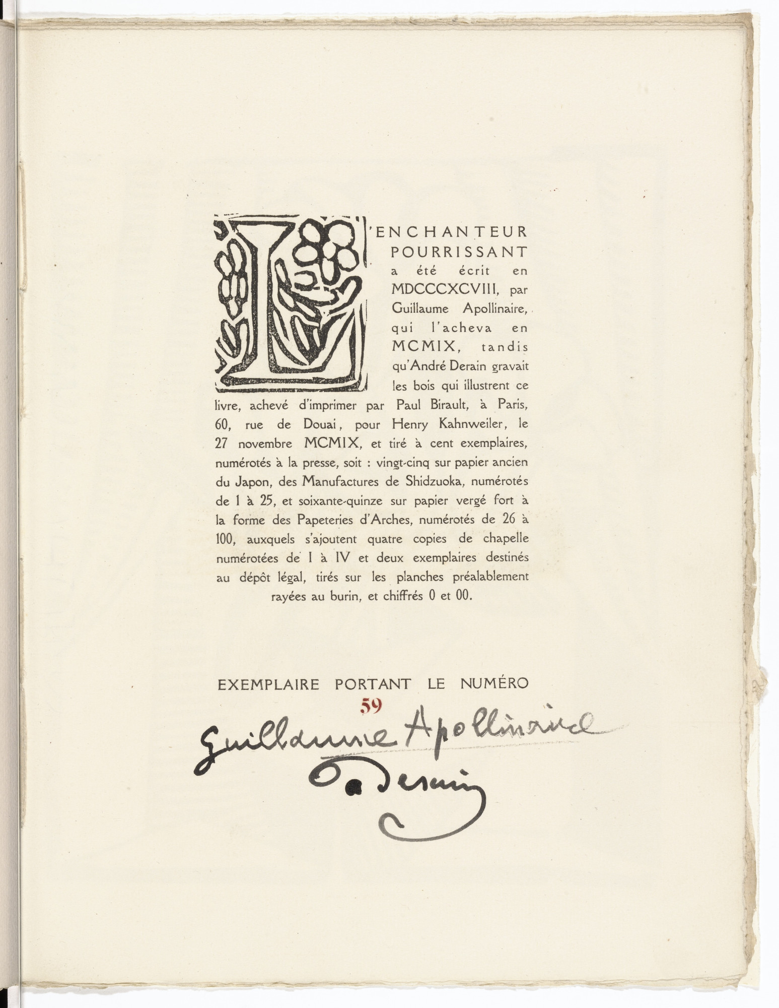 André Derain. Pictorial initial (folio 40) from L'Enchanteur pourrissant