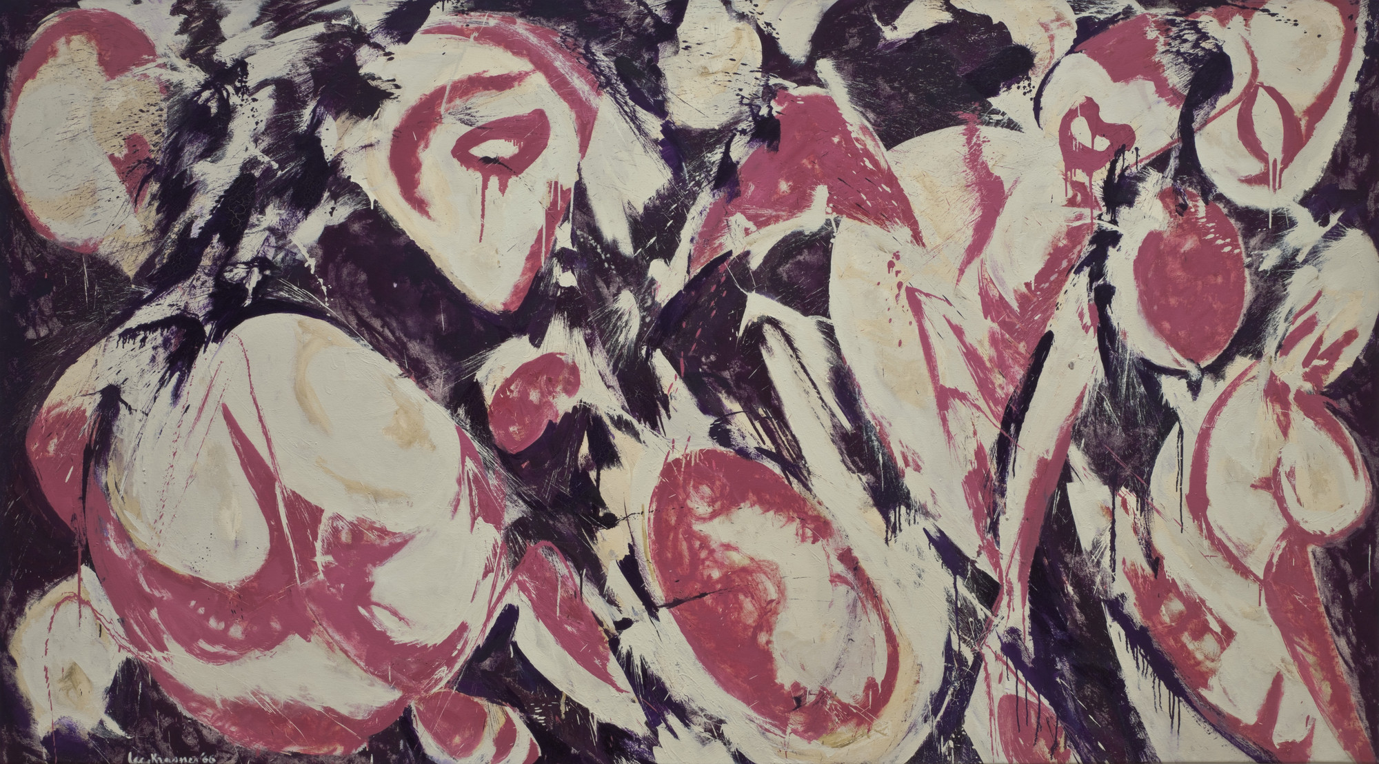 This painting features pink biomorphic forms separated by vigorous purple and peach brushstrokes against a cream colored background. This is an AI generated description. To give feedback, email ai@moma.org.