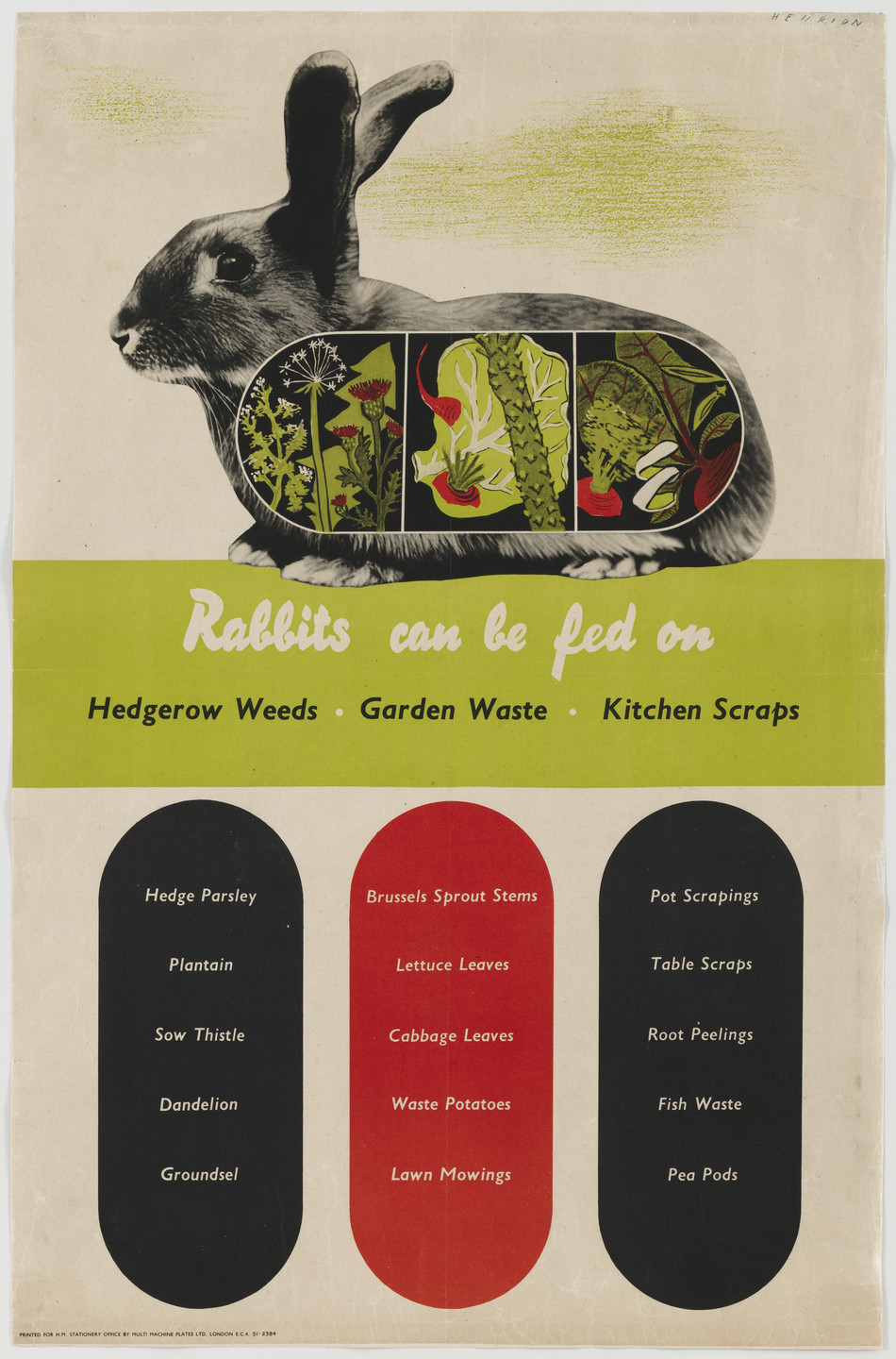 Frederick H. K. Henrion. Rabbits Can be Fed on Hedgerow Weeds, Garden Waste, Kitchen Scraps. c.1941
